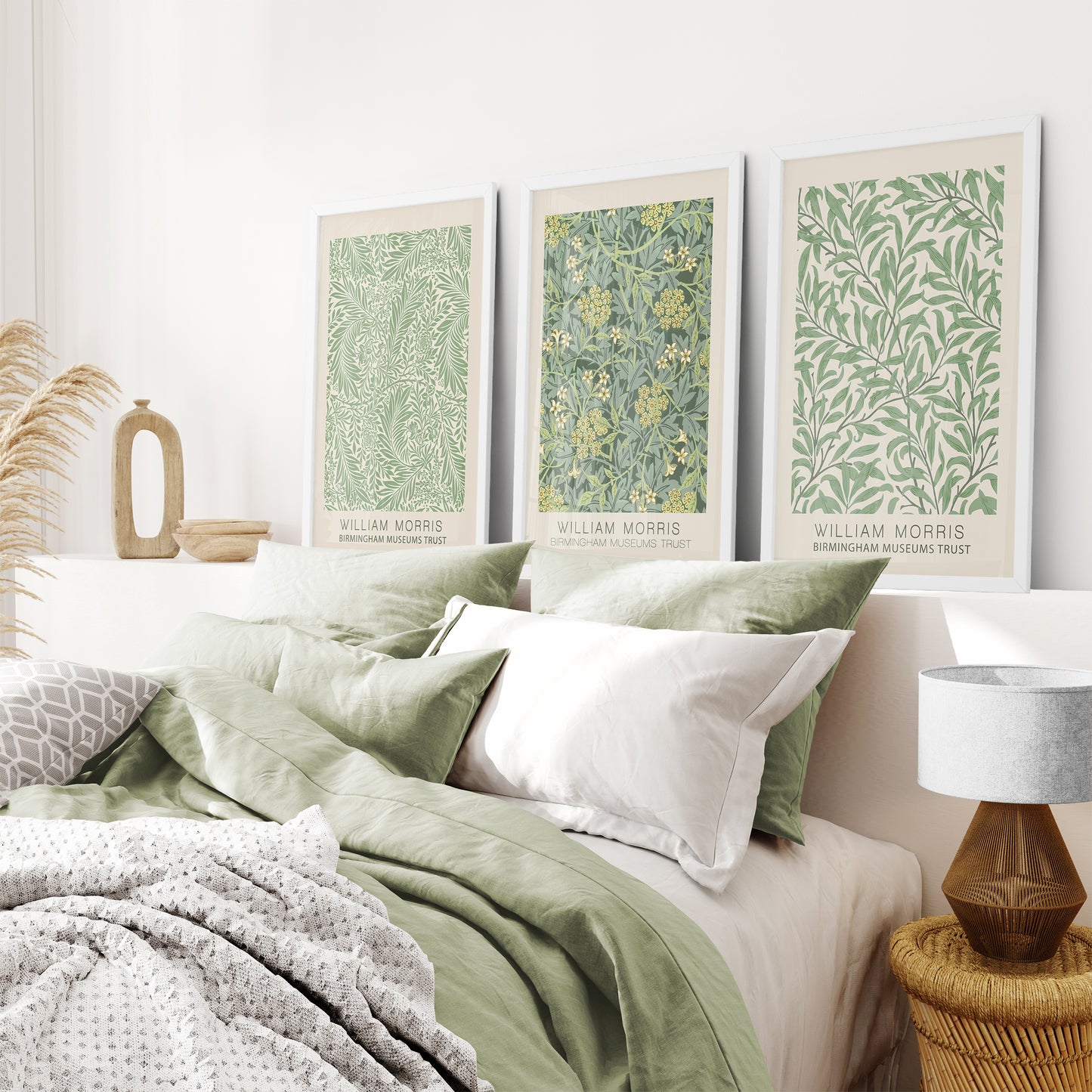 William Morris Pattern. 3 Piece Wall Art. White Frames. Bedroom Decor