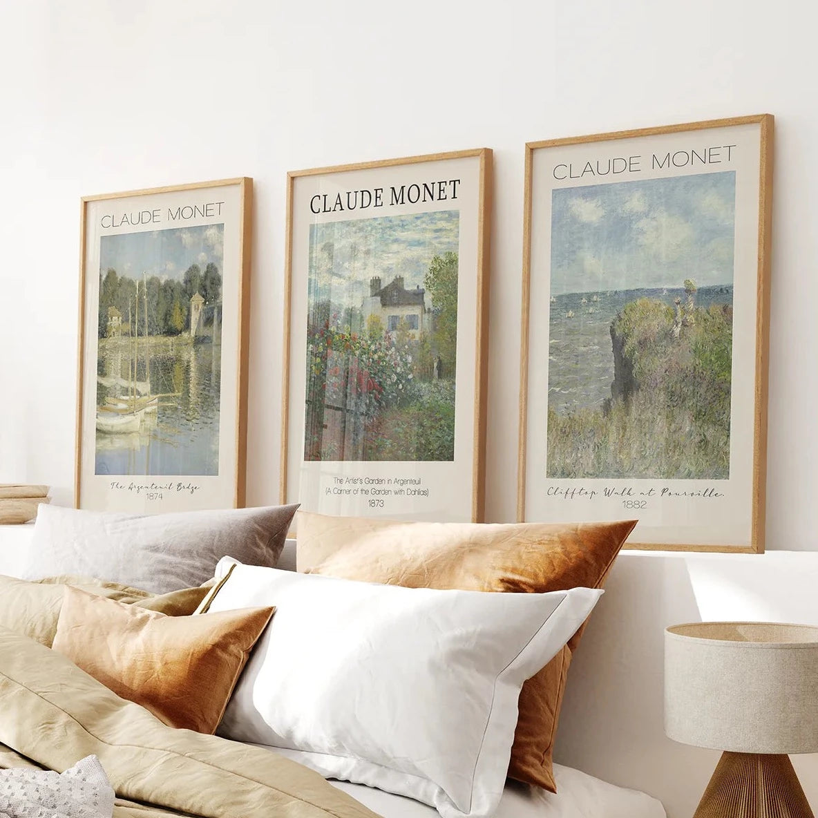Modern Set of 3 Exhibition Art Posters Decor. Thin Wood Frames Over the Bed.