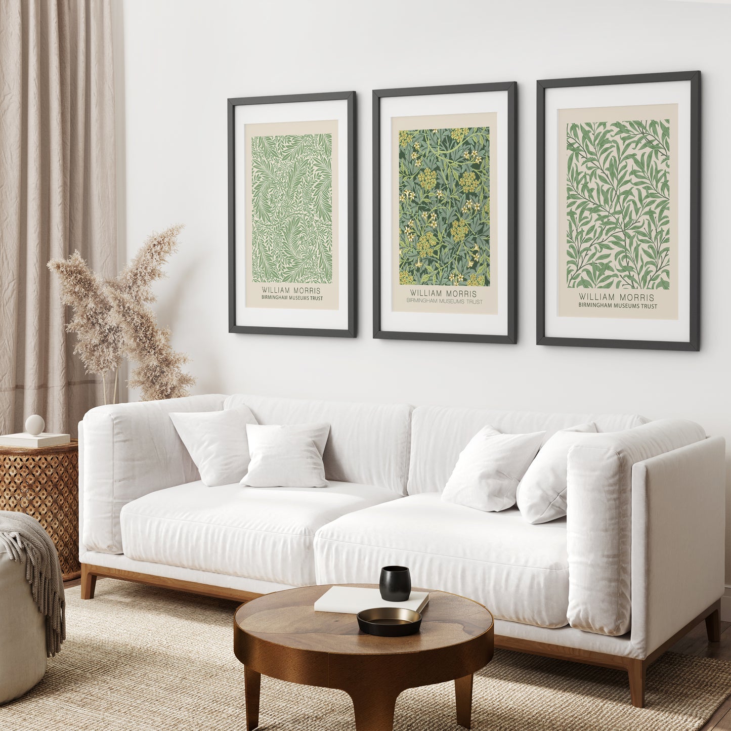 William Morris Pattern. 3 Piece Wall Art. Black Frames with Mat. Living Room