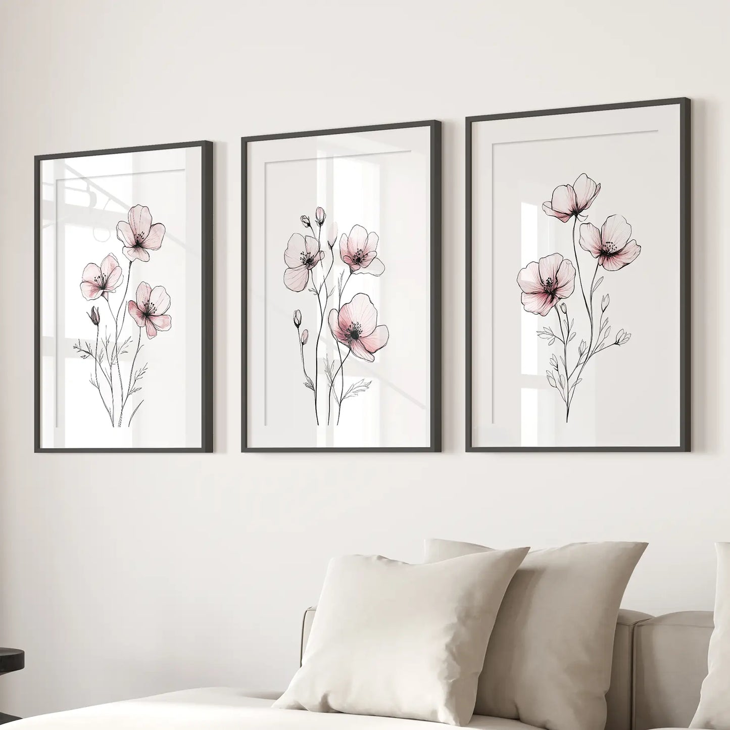 Set Of 3 Prints Flower Line Art Apartment Decor. Black Frames with Mat Over the Couch.