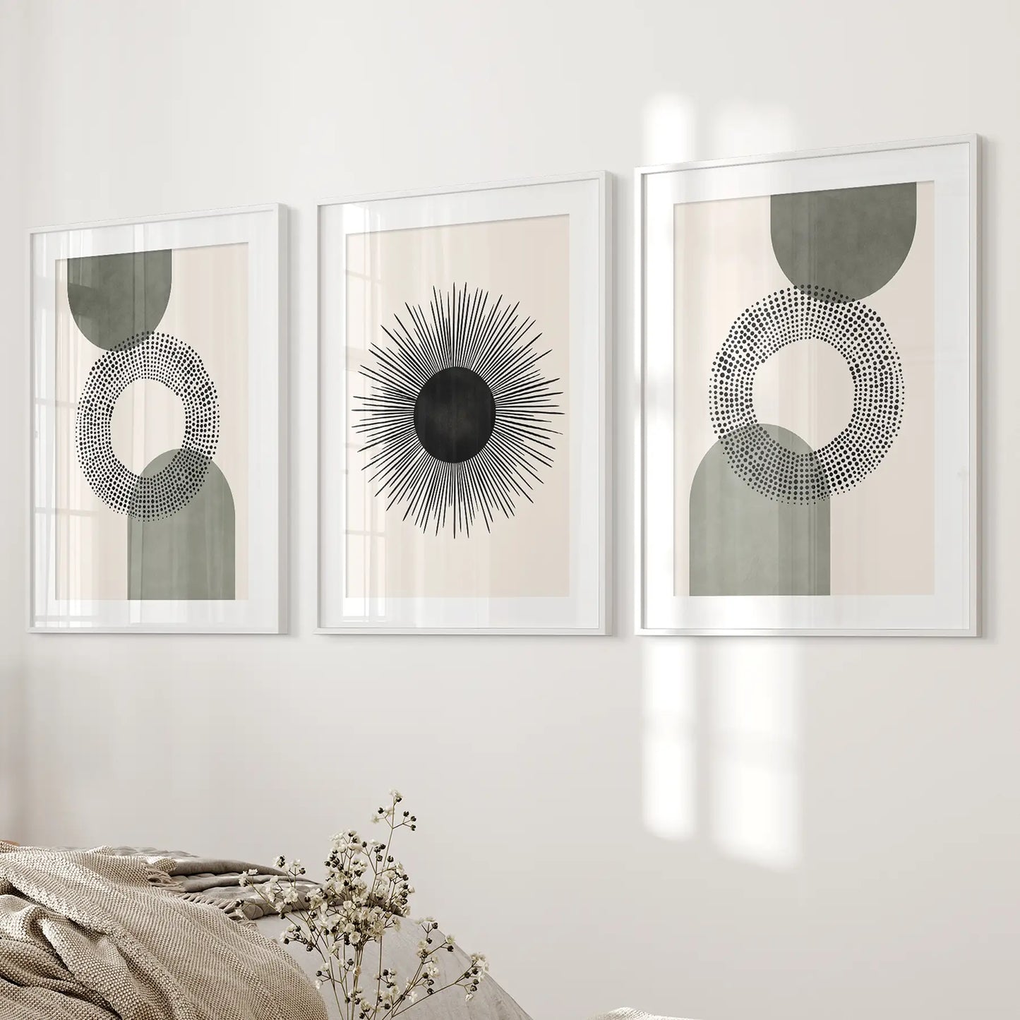 Neutral Wall Art Collection Apartment Decor Posters. White Frames with Mat Above the Bed.