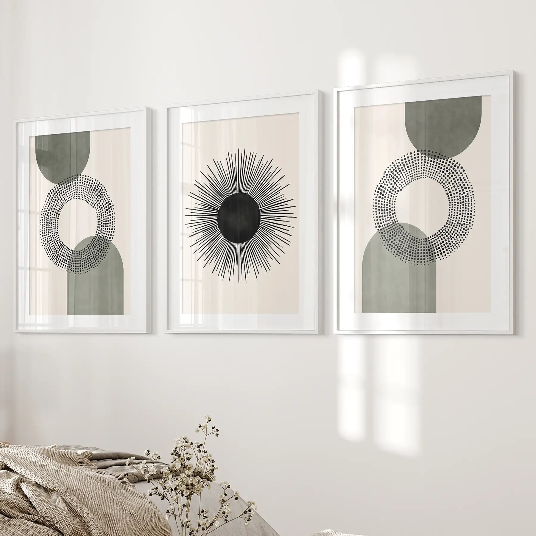 Neutral Wall Art Collection Apartment Decor Posters. White Frames with Mat Above the Bed.