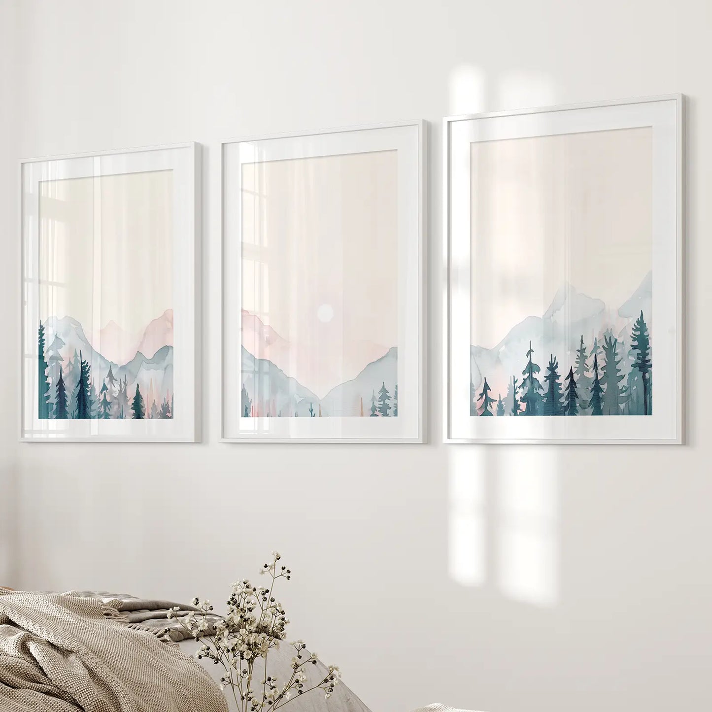 Forest Triptych Set of 3 Watercolor Prints Decor. White Frames with Mat Over the Bed.