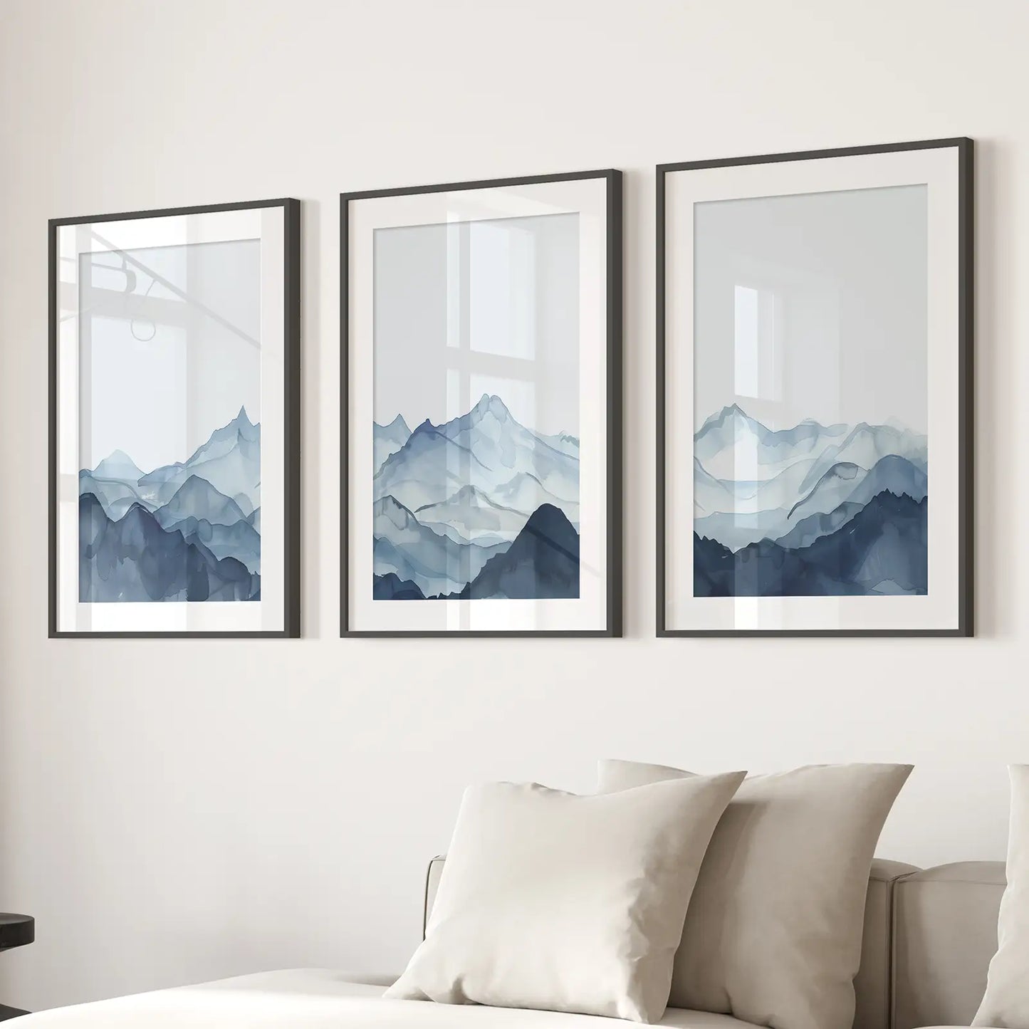 Watercolor Mountain Landscape Minimalist Wall Decor Poster. Black Frames with Mat Above the Sofa.