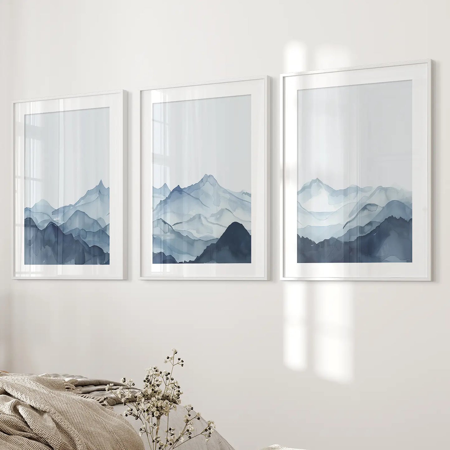 Nature Printable Watercolor Wall Art Poster Decor Set. White Frames with Mat for Bedroom.