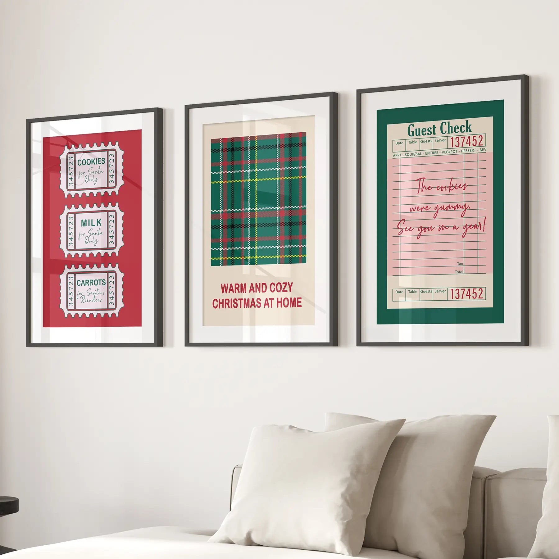 Milk And Cookies Ticket Vintage Christmas Art Prints. Black Frames with Mat Over the Couch.