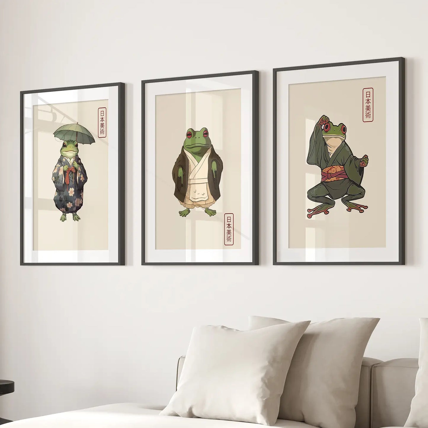 Japanese Frog Gift Idea Printable Art Poster. Black Frames with Mat Over the Couch.