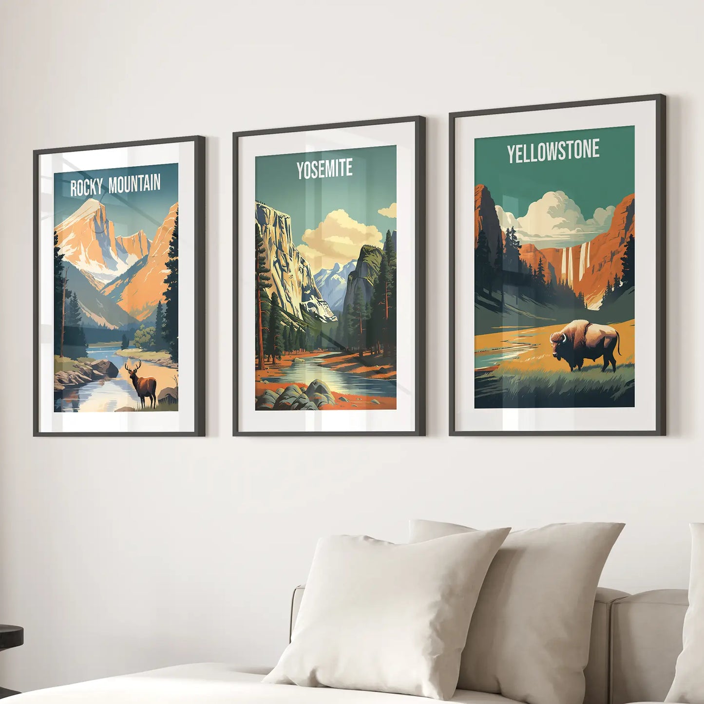 Set of 3 piece national park home decor. Trendy travel posters. Black frames with mat over the couch.