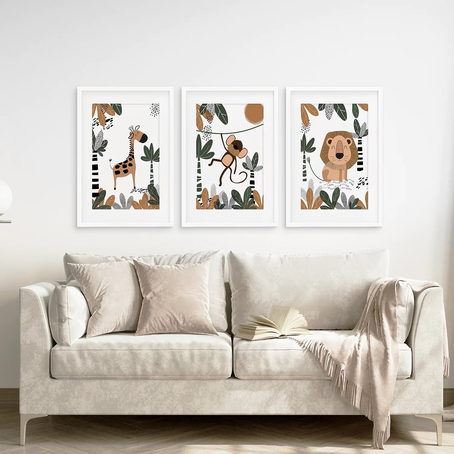 Set Of 3 Prints for Kids.Wall Decor. White Frames With Mat Over the Coach
