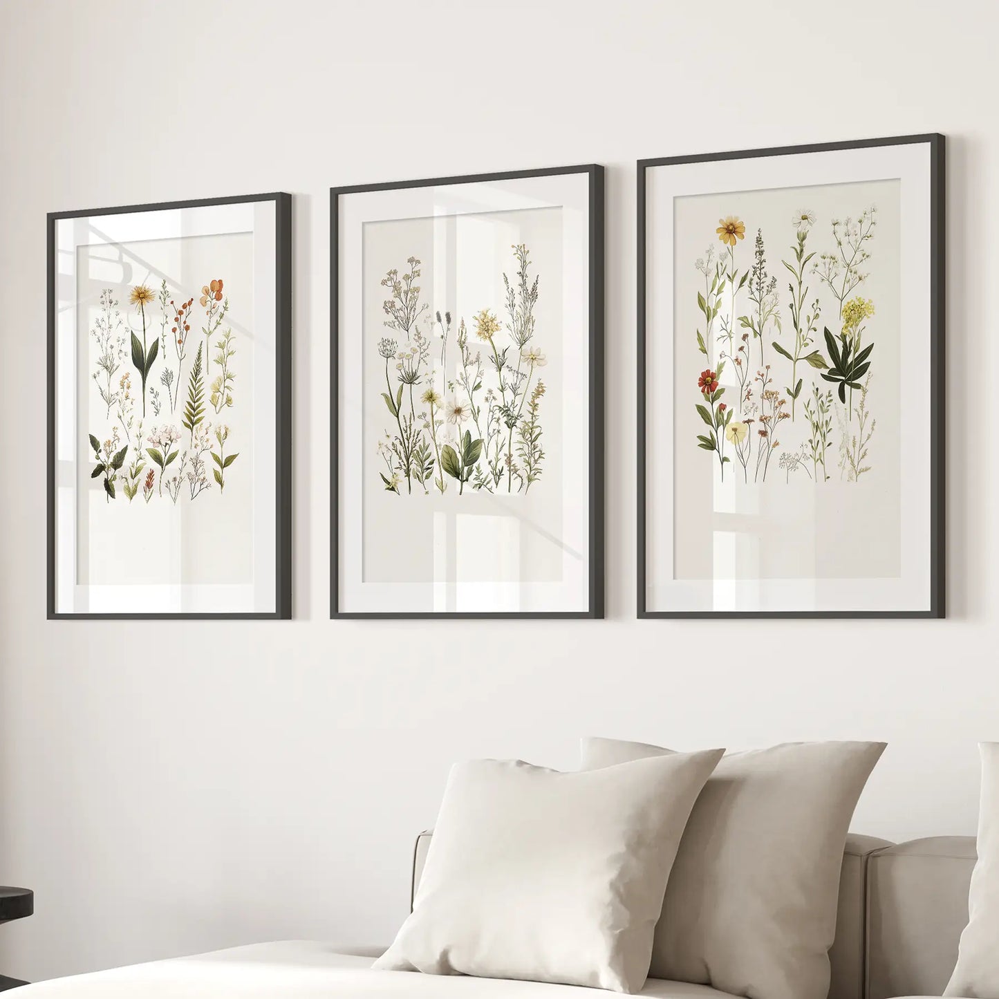 Colorful Flowers Paintings Apartment Decor Prints. Black Frames with Mat Over the Couch.