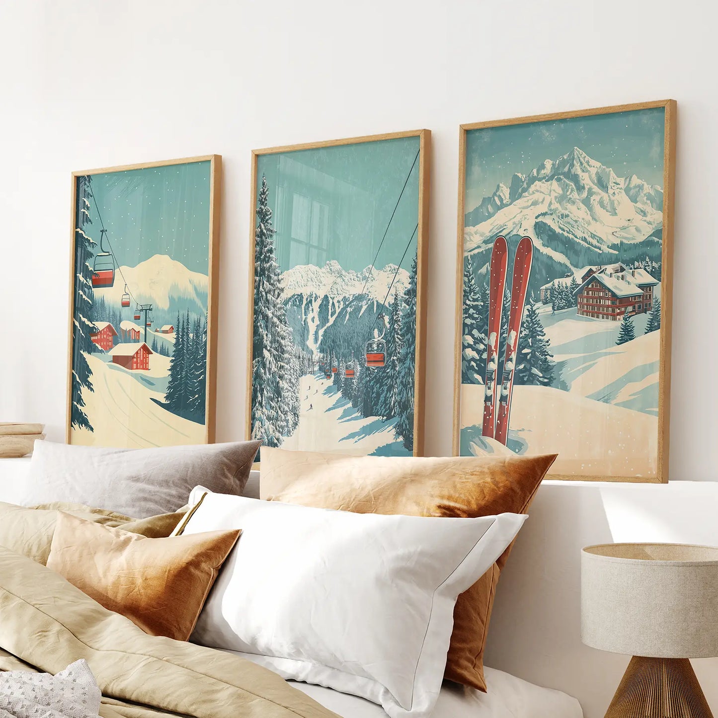 Snowy Mountains Xmas Art Decor Trendy Wall Poster. Thinwood Frames Above the Bed.