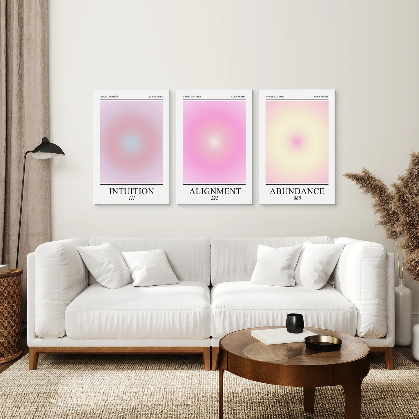 Intuition, Alignment, Abundance Affirmation Poster. Stretched Canvas Above the Sofa.