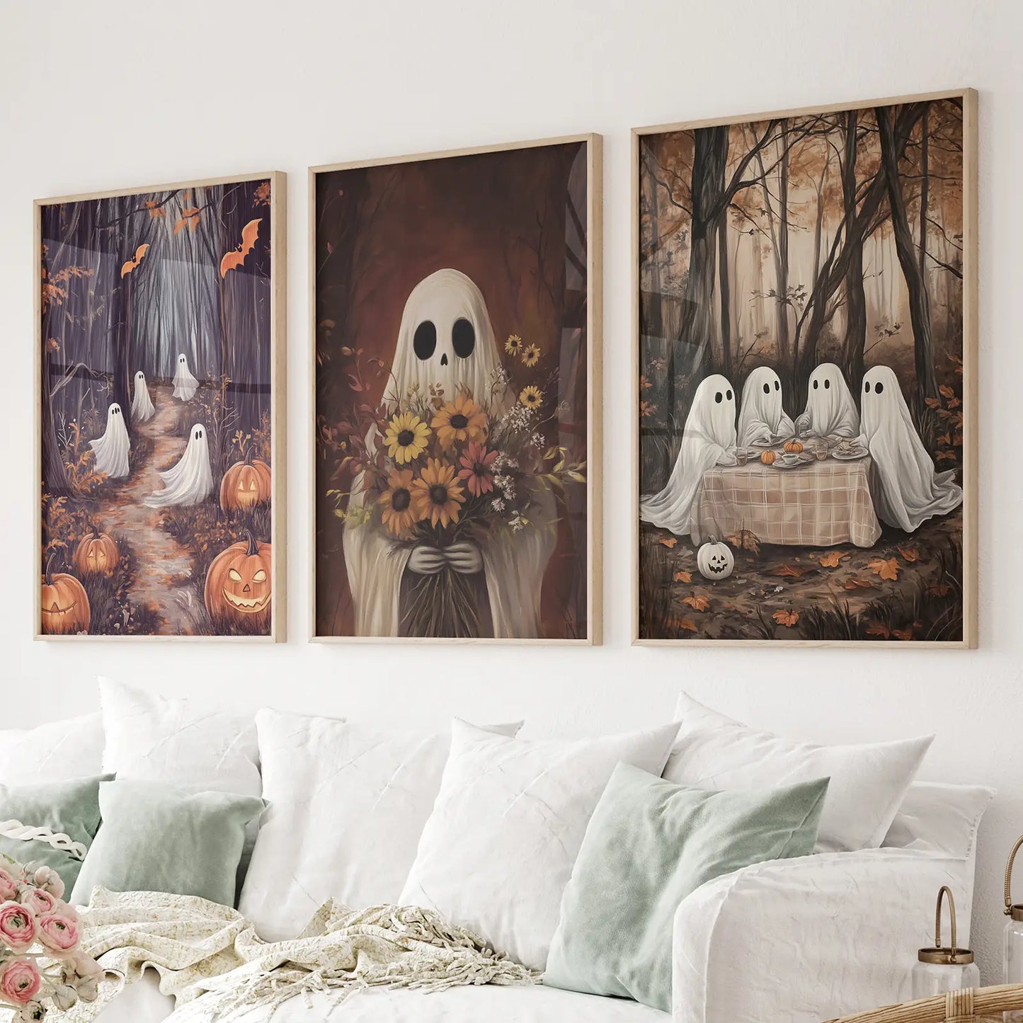 Scary fall forest halloween wall art print posters decor. Thinwood frames above the sofa.