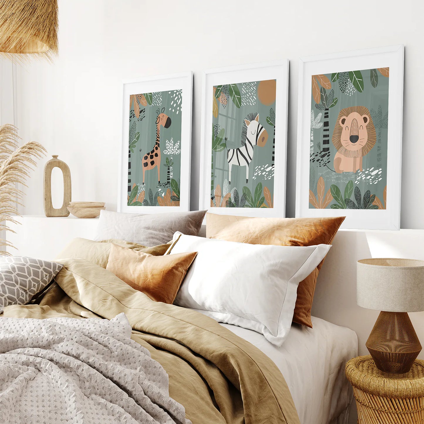Cute Baby Animals Art Poster for Nursery. White Frames with Mat for Bedroom.