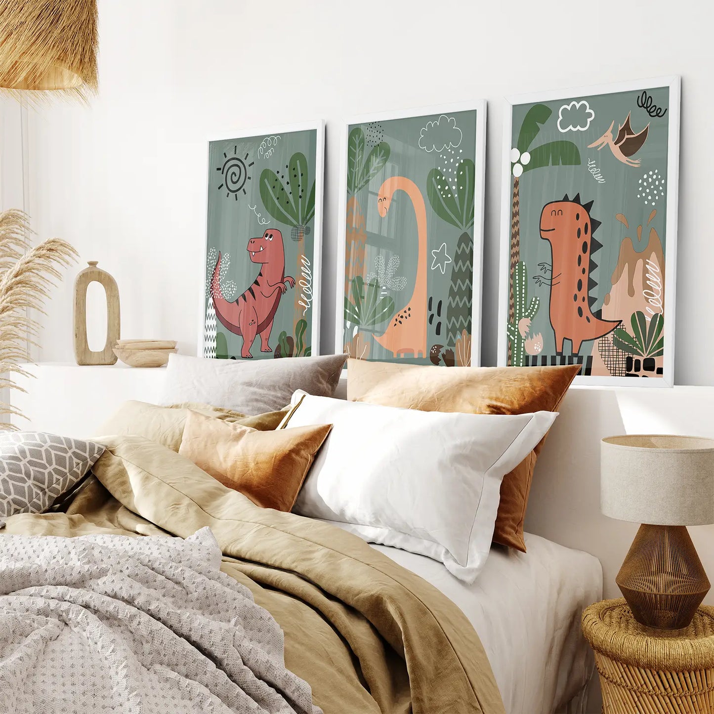 Cute dinosaur poster set of three framed prints for children’s bedroom. White frames for bedroom.