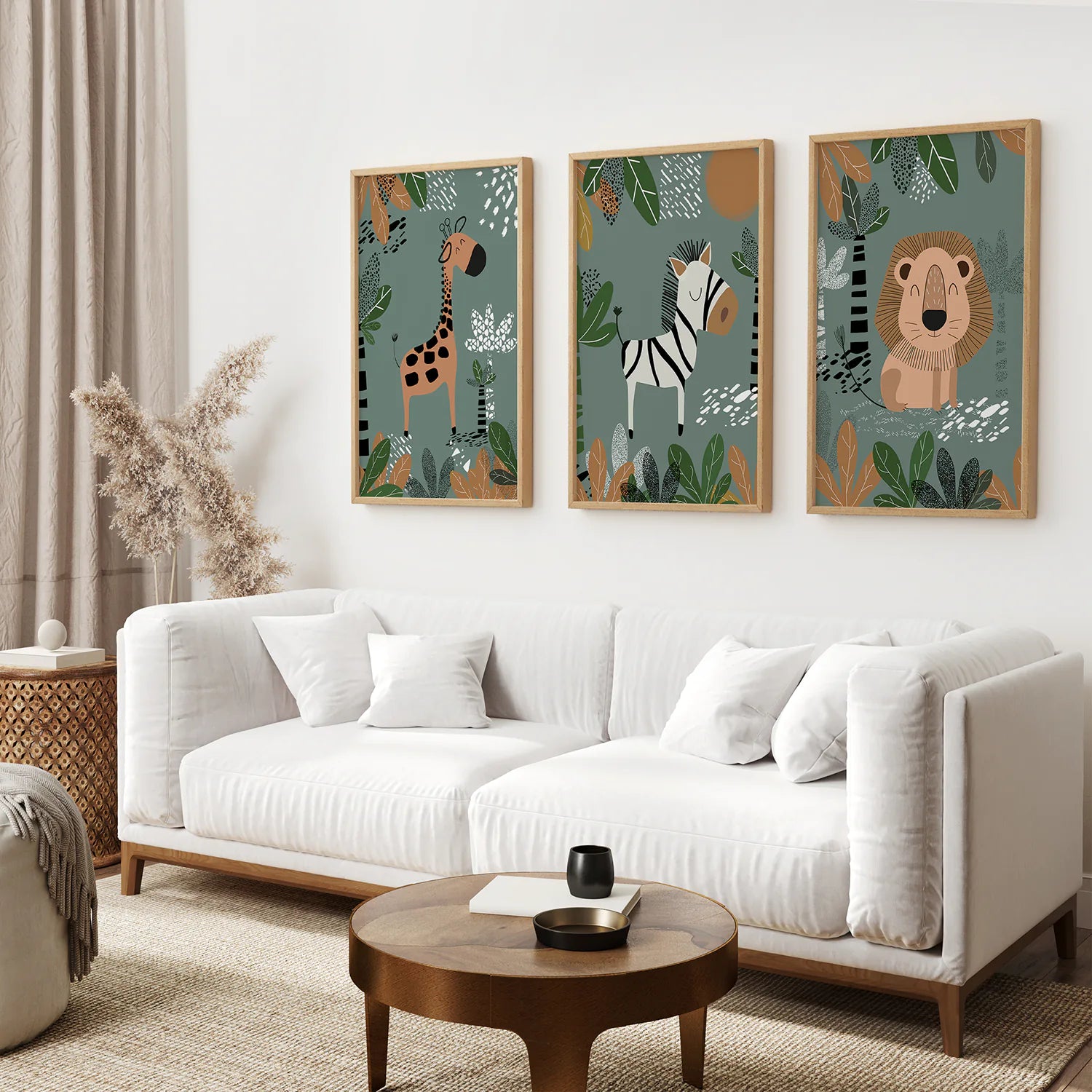 Safari Nursery Wall Prints for Baby Room. Thin Wood Frames Over the Coach.