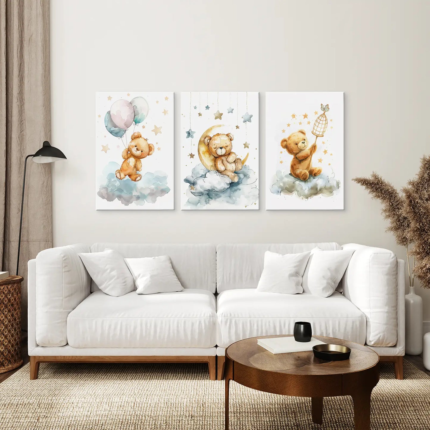 Cute bear baby room prints trio soft pastel nursery wall decor. Wrapped canvas over the couch.