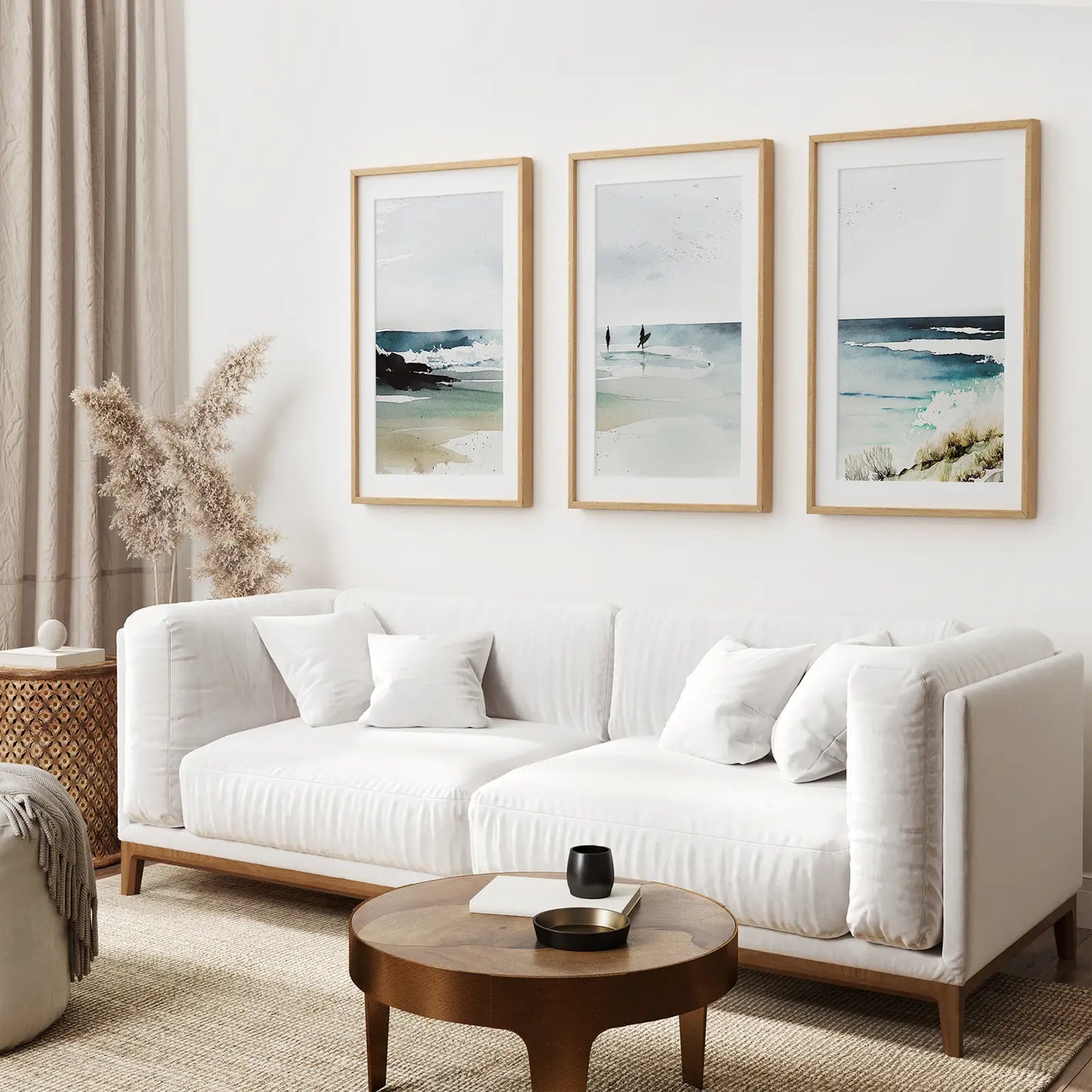 Seascape Art Printable Modern Wall Art. Thin Wood Frames with Mat Over the Couch.