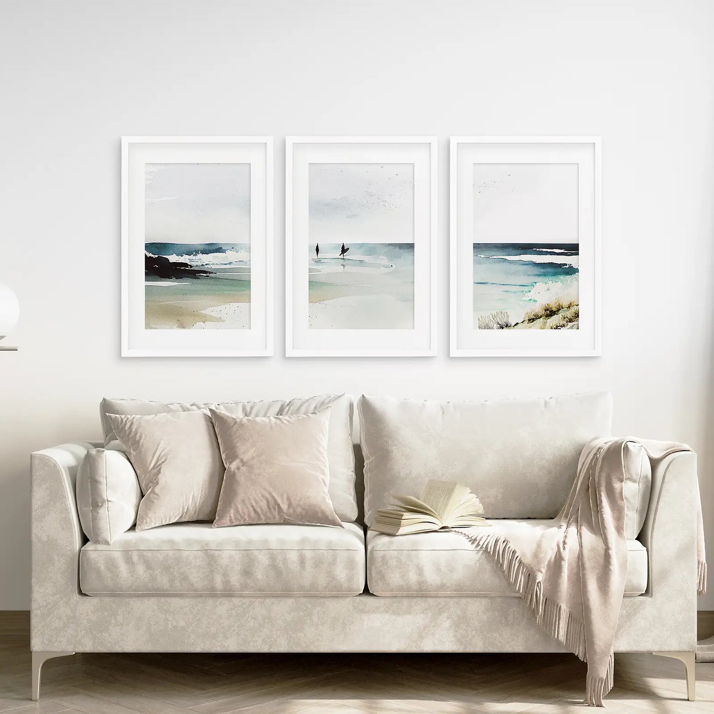 Landscape Painting Modern Home Decor Prints. White Frames with Mat Above the Sofa.