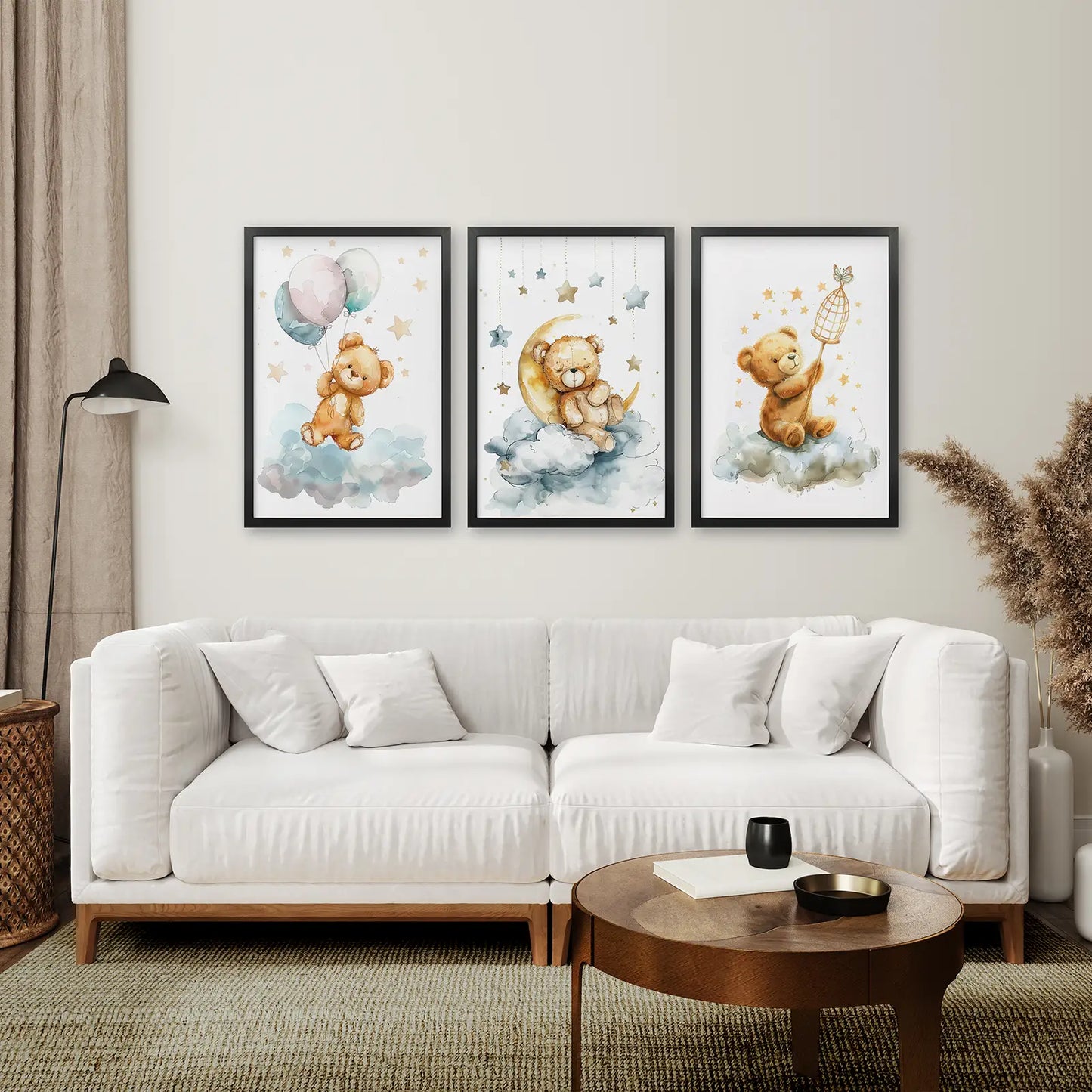 Neutral nursery wall art teddy bears with balloons and moon. Black frames for living room.