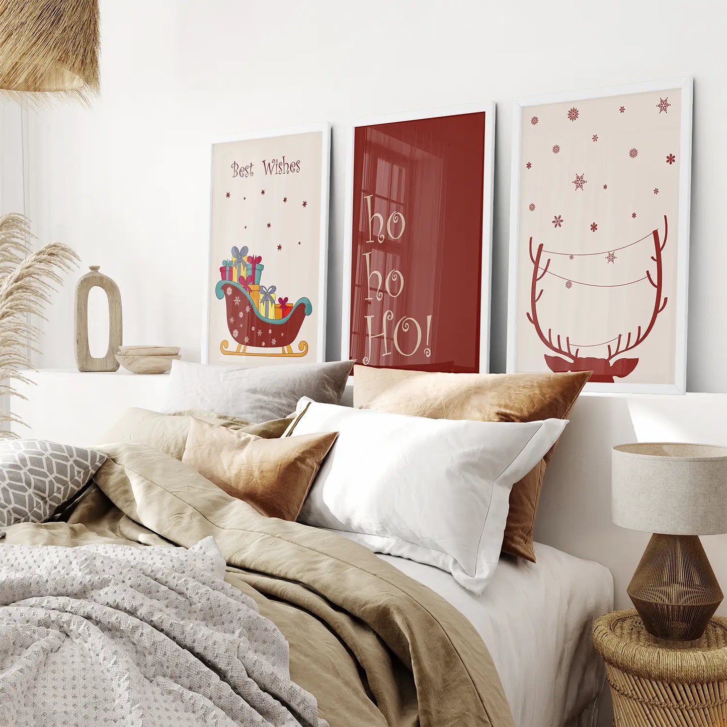 Holiday Art Gift Home Wall Decor Set. White Frames Above the Sofa.
