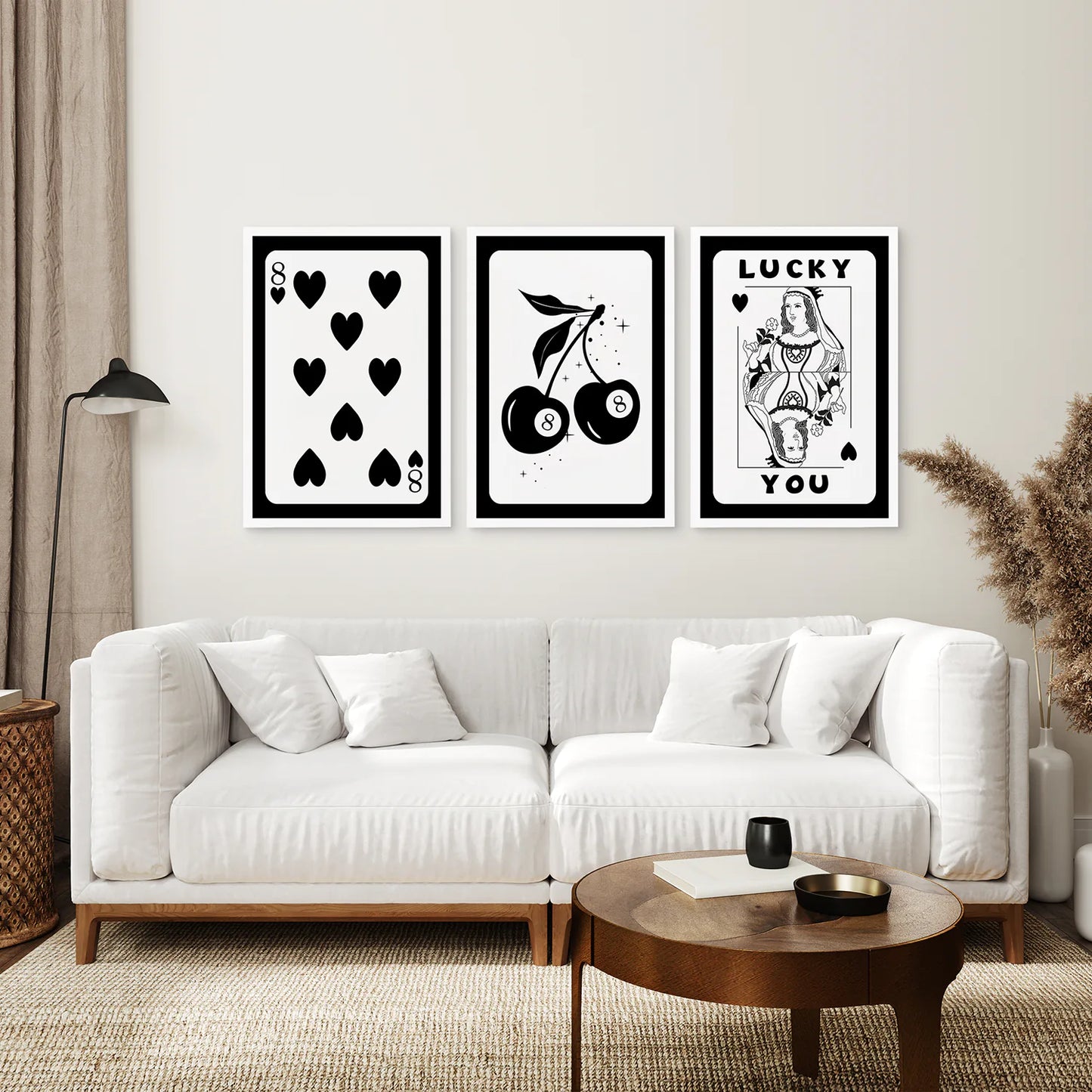 Set of 3 Retro Trendy Art Prints. White Frame Over the Sofa.