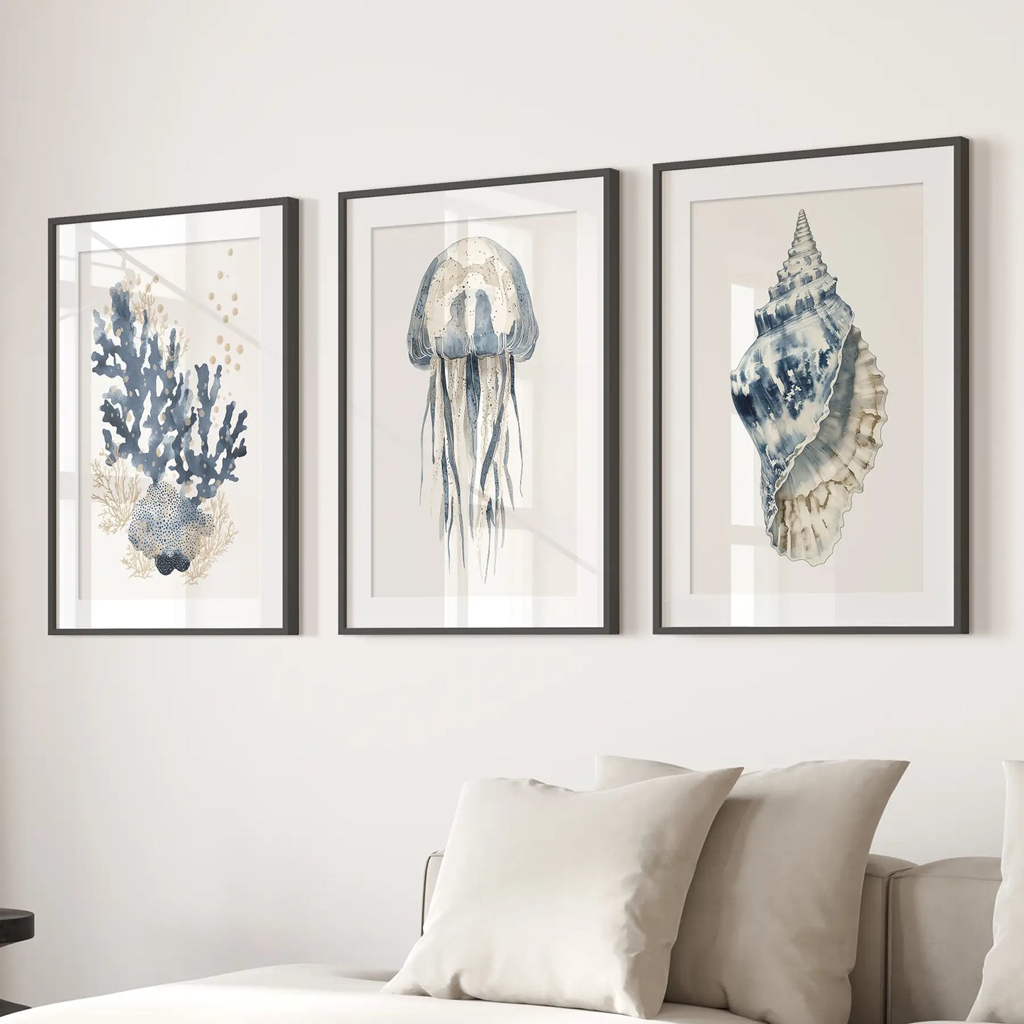 Blue coastal wall art set of 3 prints. Shell painting room decor. Black frames with mat for living room.
