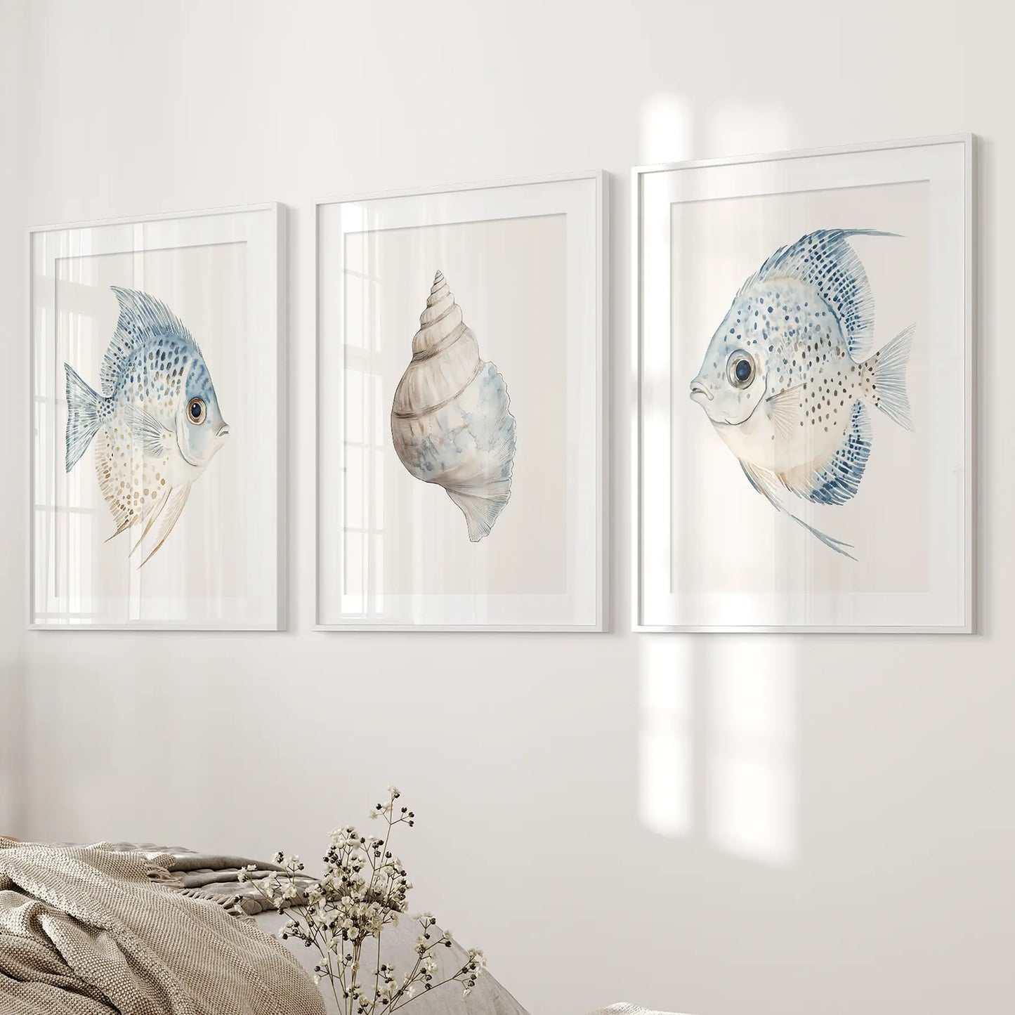 Summery maritime prints modern decor. Trendy room decor. White frames with mat for bedroom.