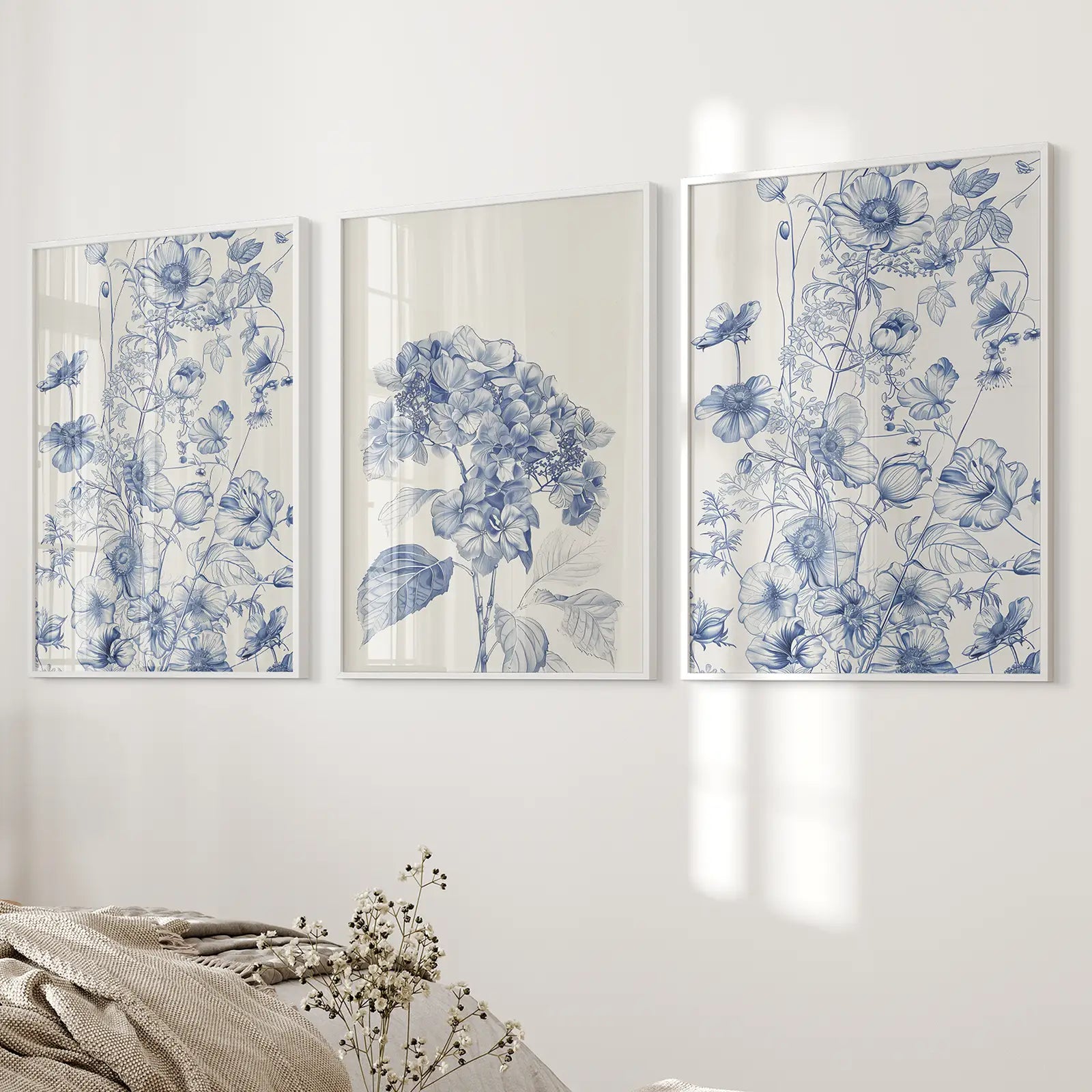 Botanical blue and white wall art set, hydrangea and wildflowers. White frames for bedroom.