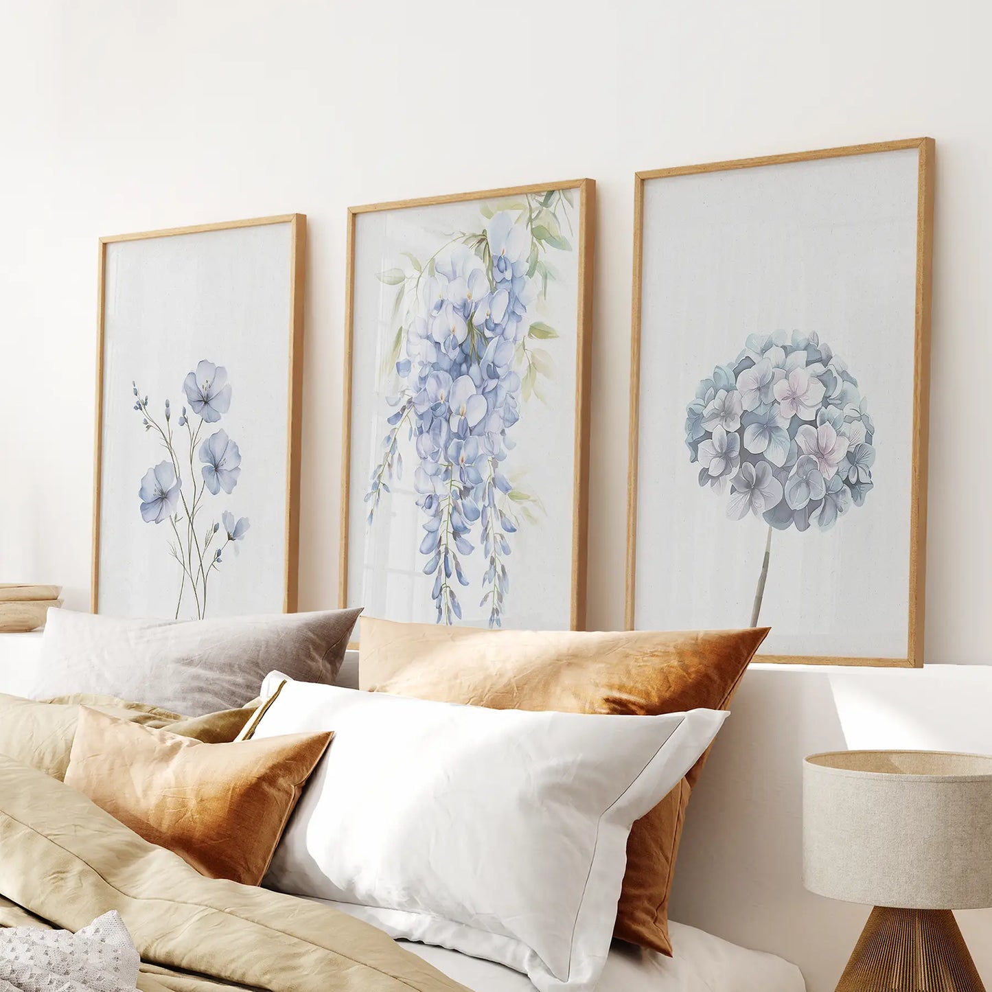 Floral Art Print Bedroom Set of 3 Prints Wall Decor. Thinwood Frames for Bedroom.