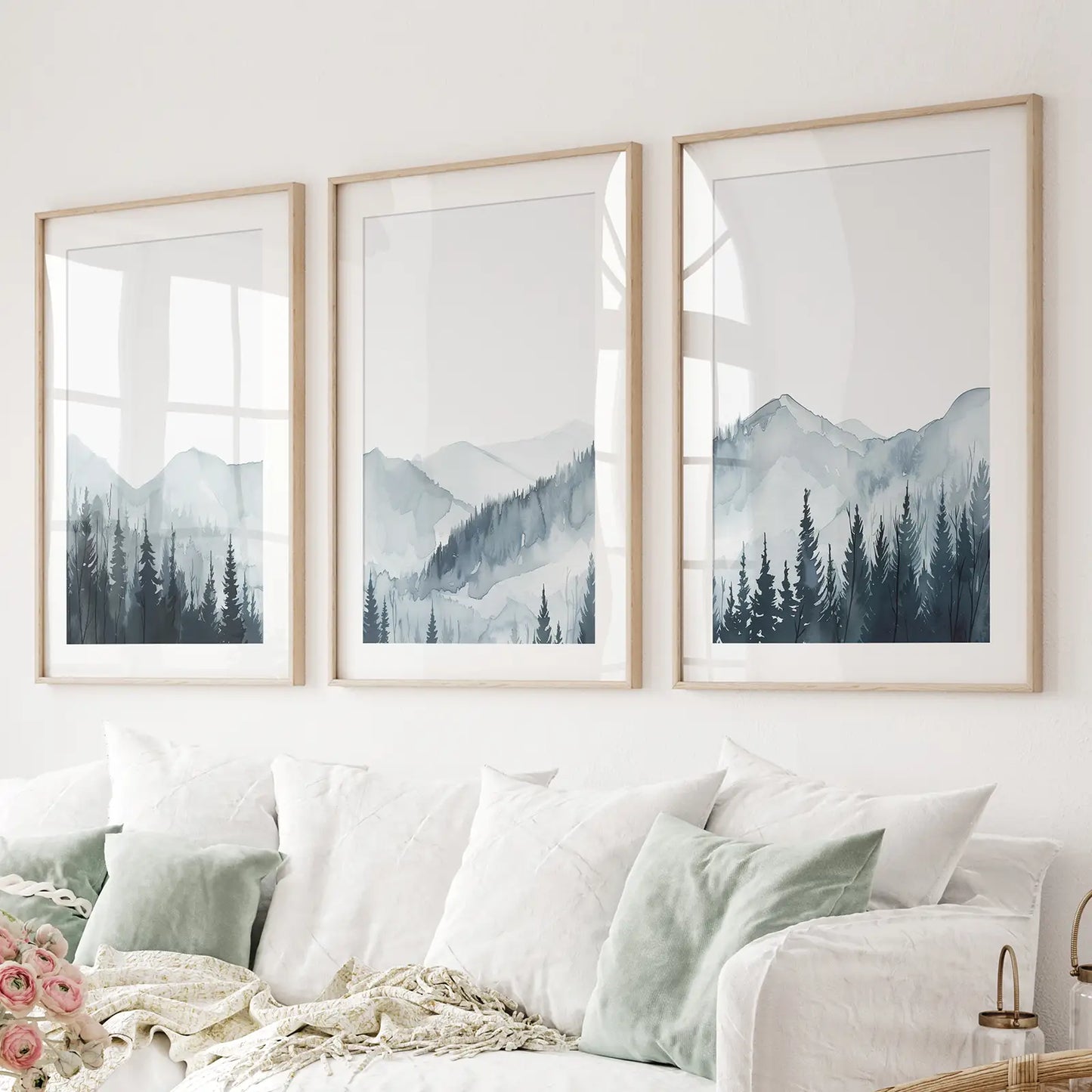Mountain Forest Wall decor Printable Art Set. Thinwood Frames with Mat Over the Couch.