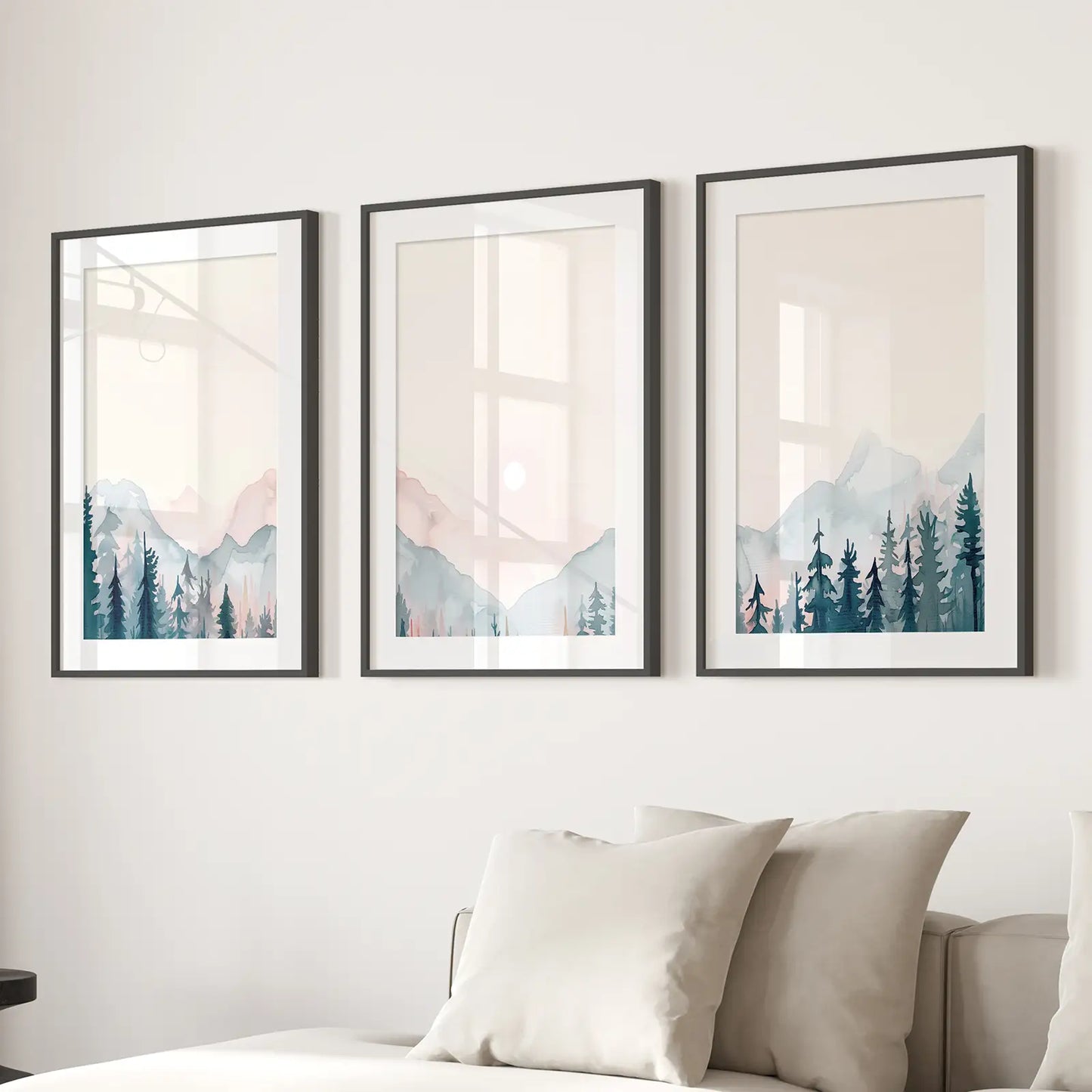 Nature Wall Art Printable Apartment Decor Poster. Black Frames with Mat Over the Couch.