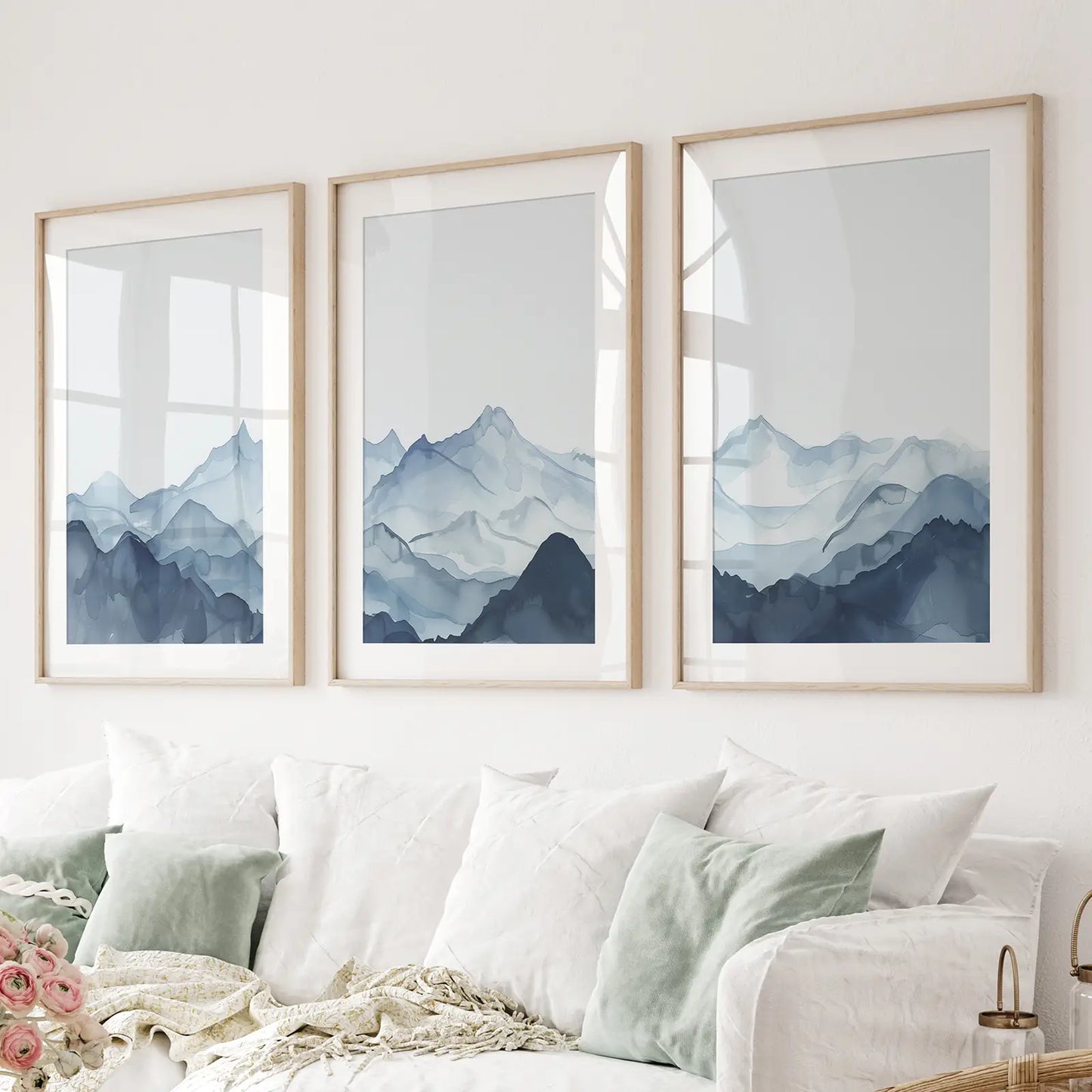 Blue Abstract Mountain 3 Piece Wall Art Decor. Thinwood Frames with Mat Over the Couch.