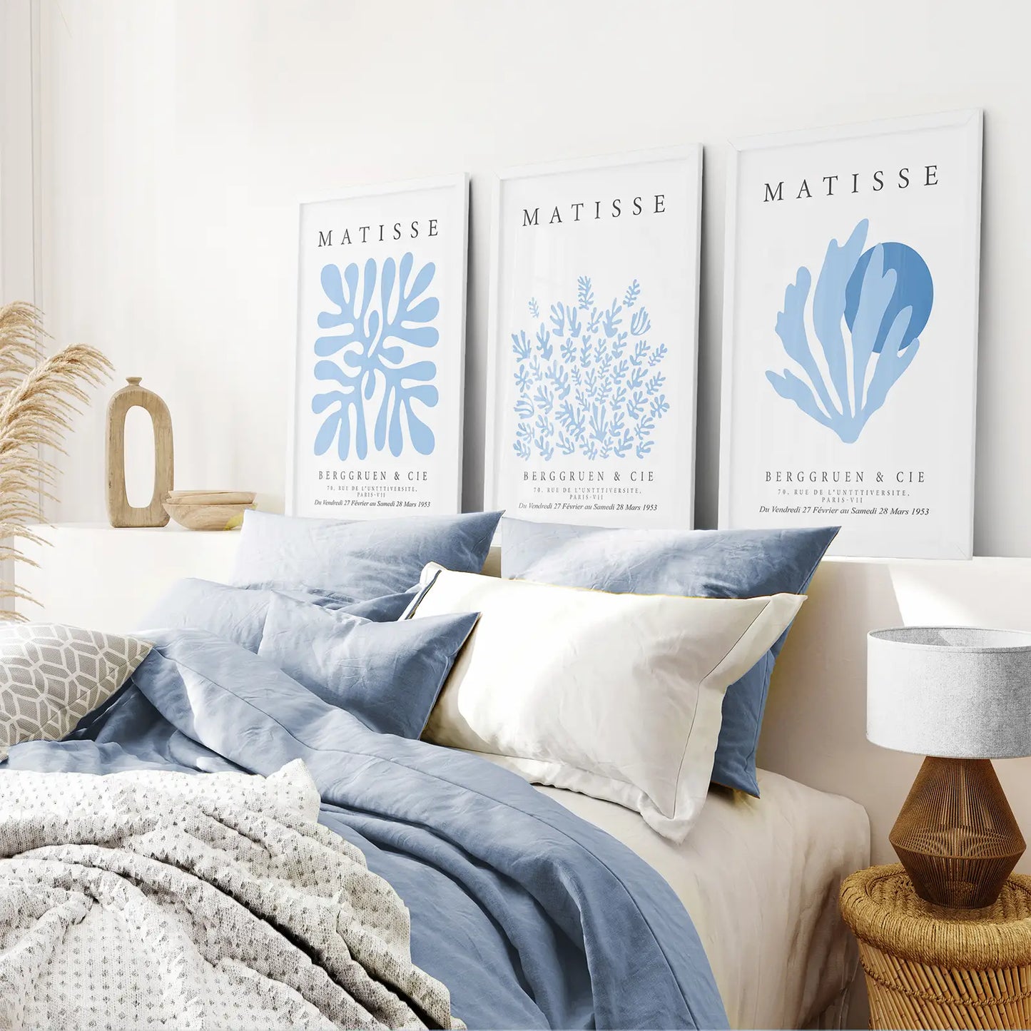 Blue Gallery Wall Art Set Of 3 Poster Decor. White Frames for Bedroom.
