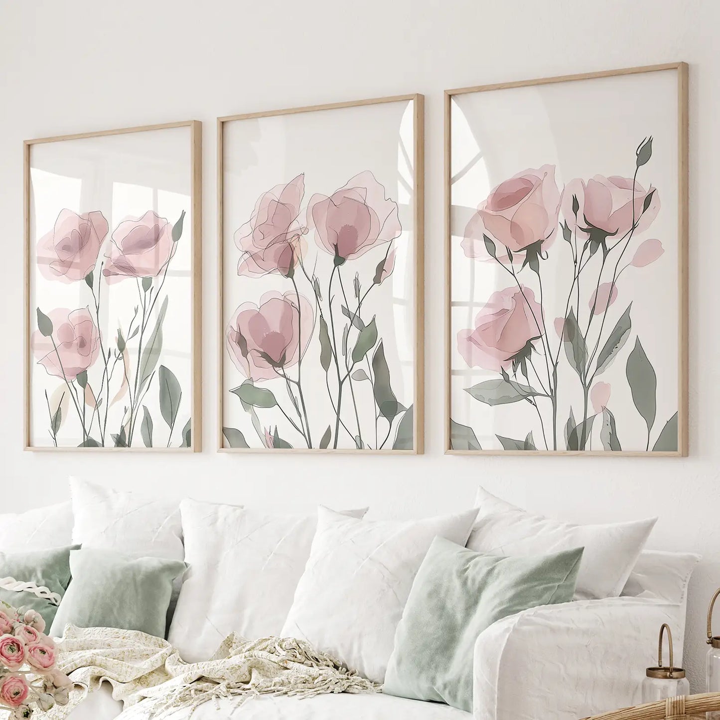 Meadow Botanical Floral Wall Art prints. Thinwood Frames Over the Couch.