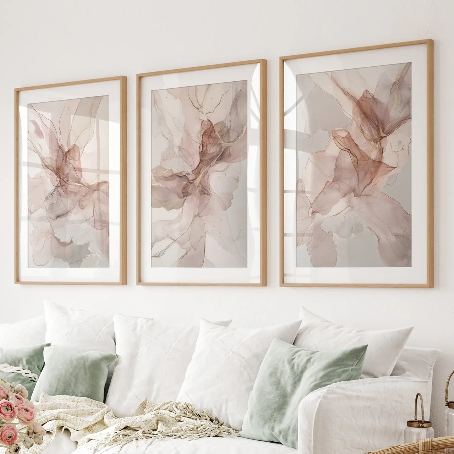 Abstract Modern Living Room Art Trendy Print Set. Thinwood Frames with Mat for Living Room.