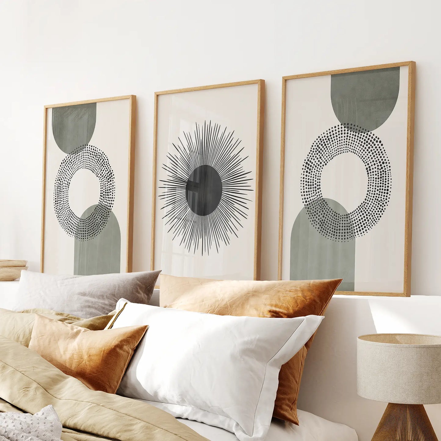 Black and grey abstract geometric art set with dotted rings and central sunburst, contemporary wall prints. Thinwood Frames for Bedroom.