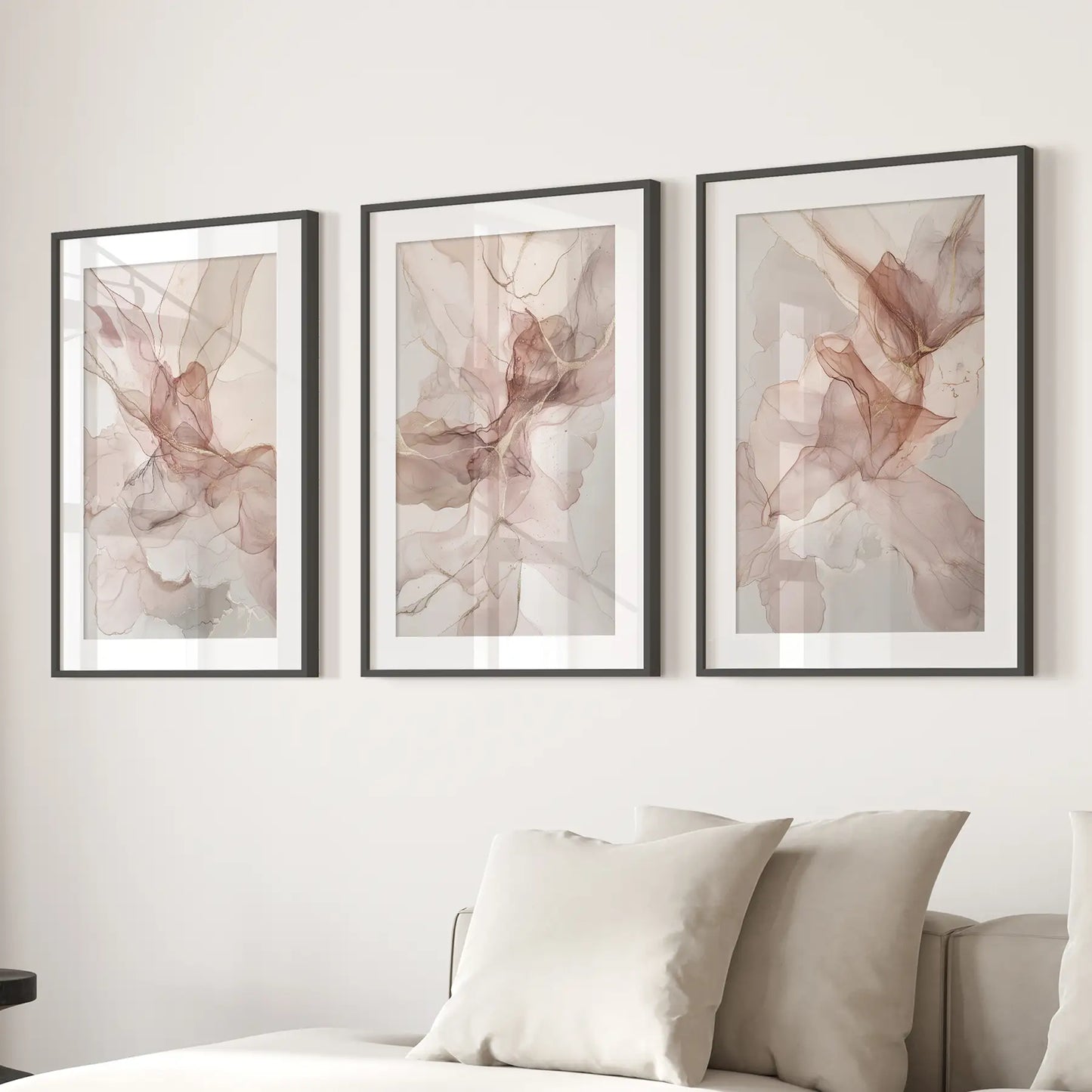 Neutral Bedroom Poster Abstract Printable Wall Art. Black Frames with Mat Over the Couch.
