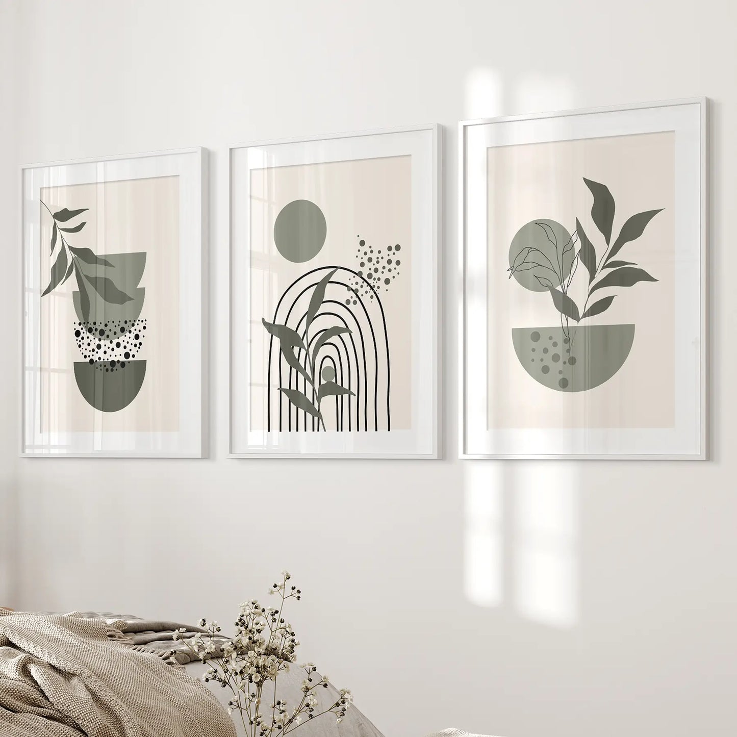 Geometric and botanical abstract art prints, set of 3 minimalist wall decor. White frames with mat for bedroom.