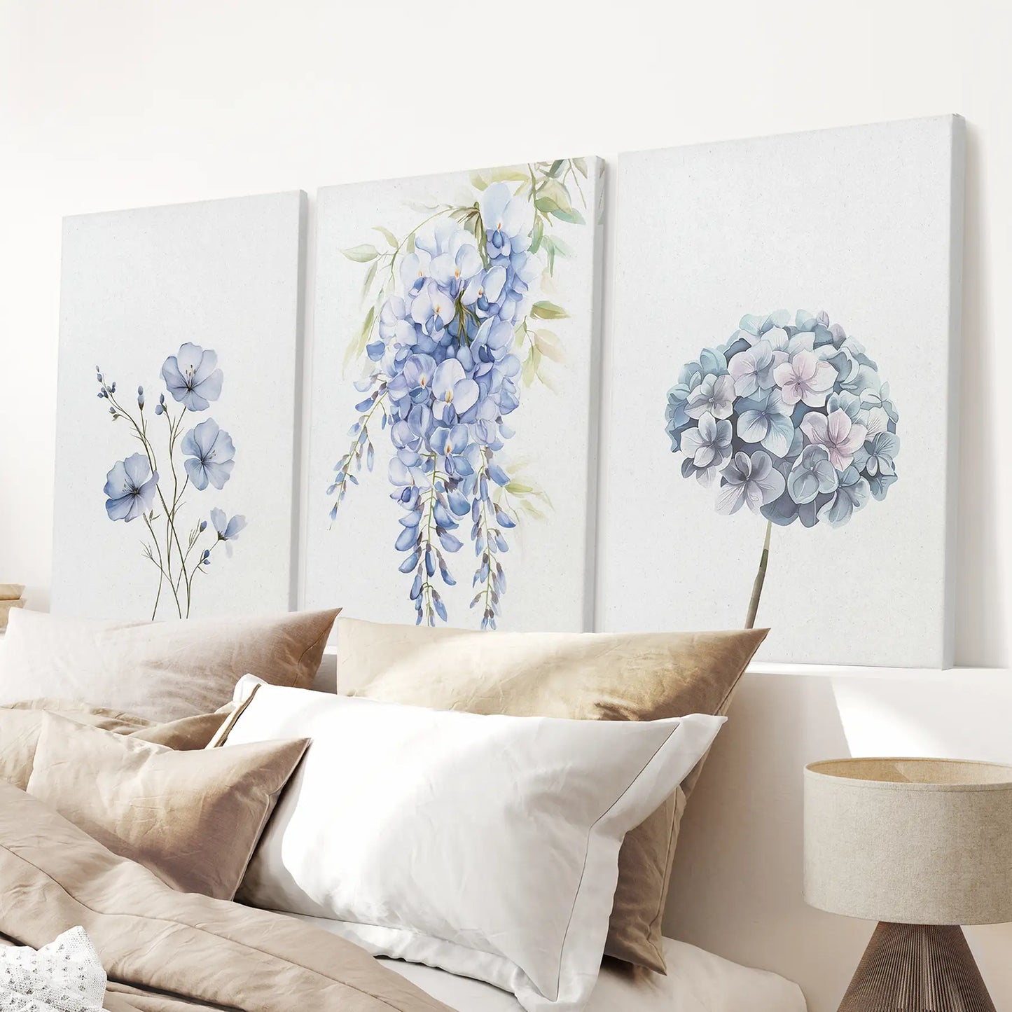 Trendy Botanical Print Apartment Decor Wall Art Set. Wrapped Canvas Above the Bed.