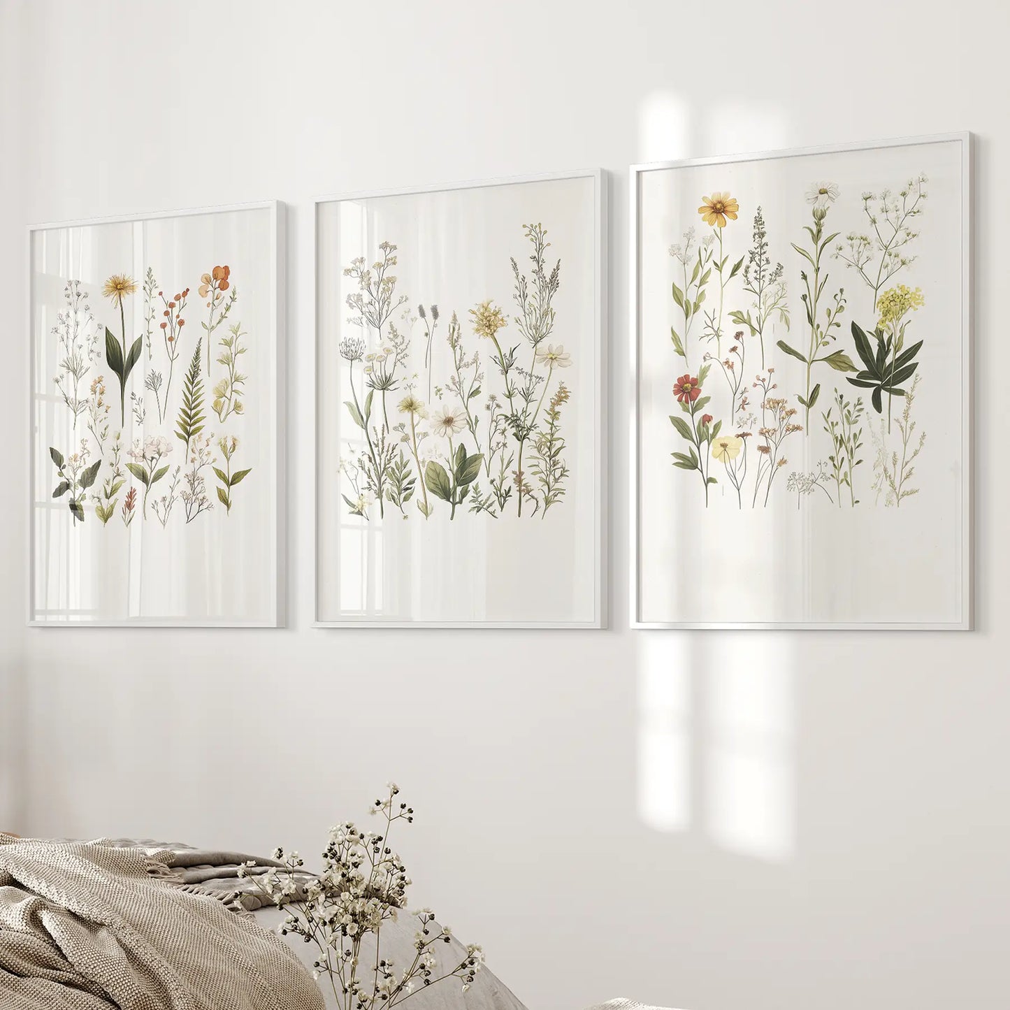 Modern Home Decor Boho Wall Art Poster Prints Set. White Frames Above the Bed.