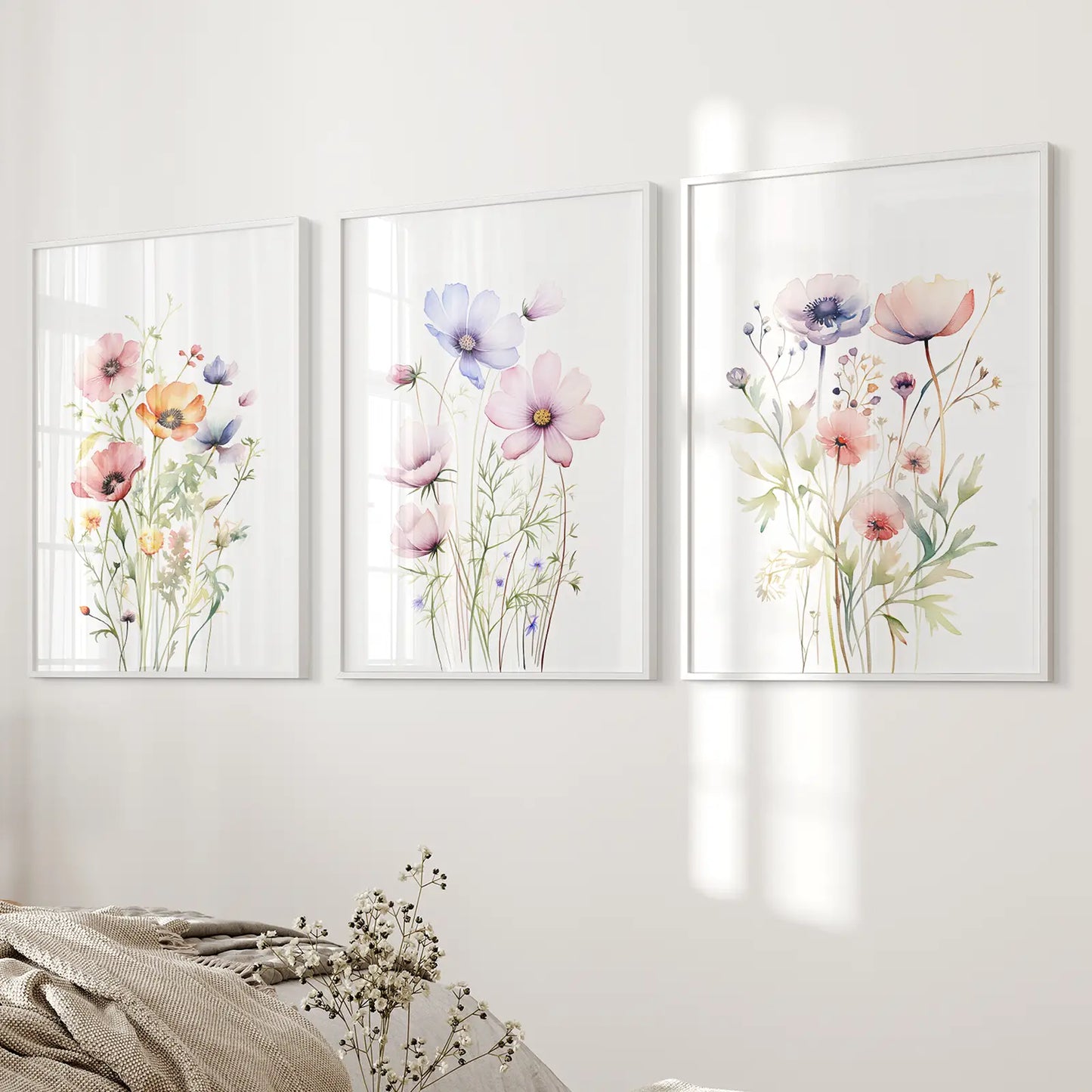 Watercolor Flower Gallery Wall Set Print Decor. White Frames Over the Bed.