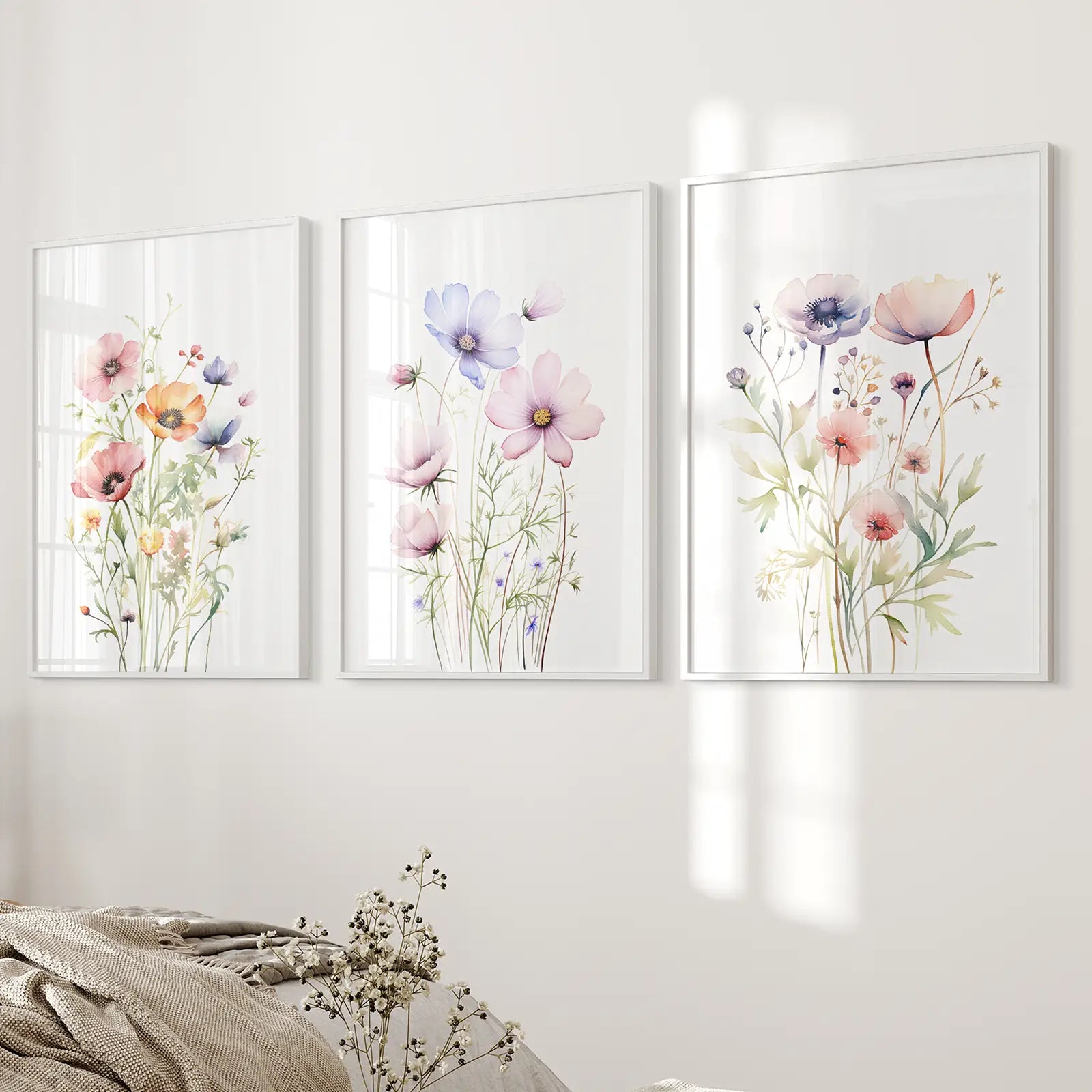 Watercolor Flower Gallery Wall Set Print Decor. White Frames Over the Bed.