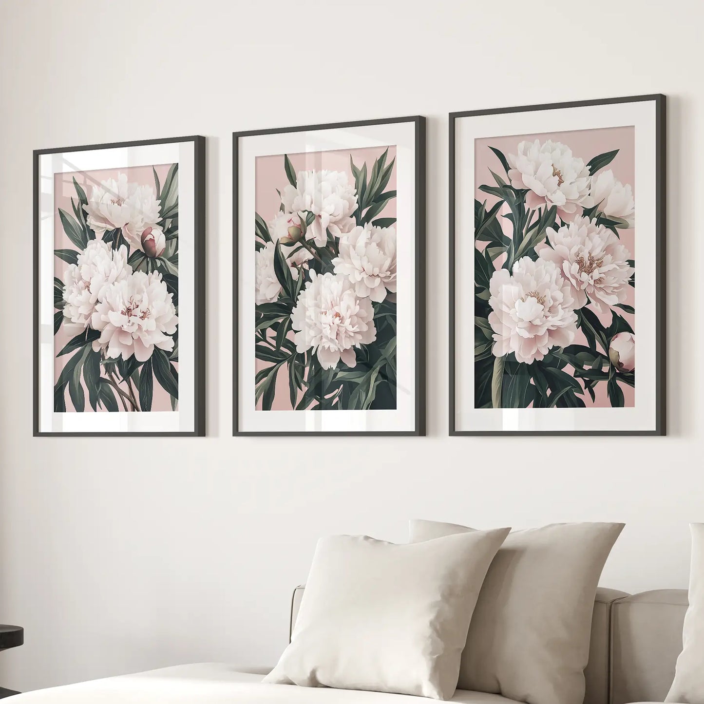 Peony Printable Wall Art Botanical Poster Set Decor. Black Frames with Mat Over the Couch.