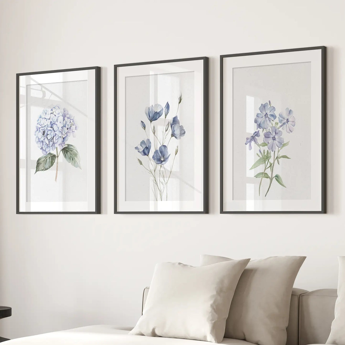 Wildflowers painting blue flowers, spring wall art posters. Black frames with mat for living room.