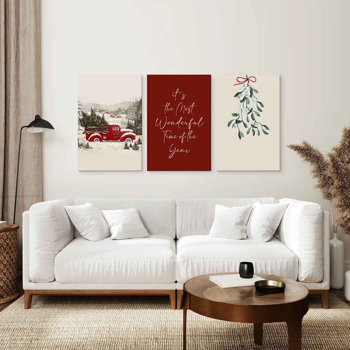 Winter Canvas Red Truck Wall Art Set. Stretched Canvas Over the Coach.