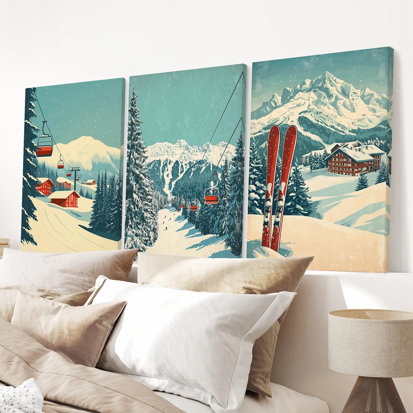 Skiing Art Print Christmas Decor Snowy Landscape Poster Set. Stretched Canvas for Bedroom.