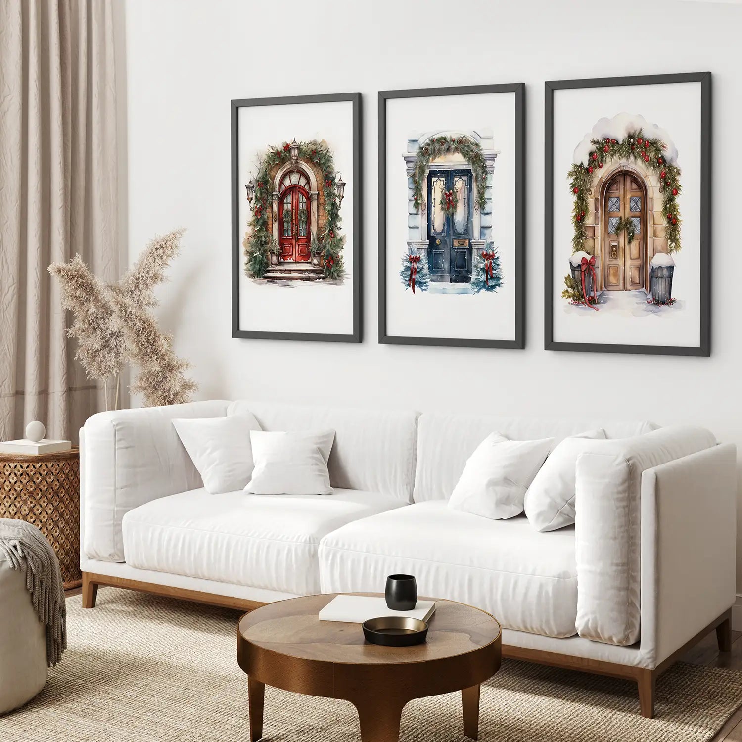 Watercolor Winter Xmas Print Poster Modern Art. Black Frames Over the Coach.