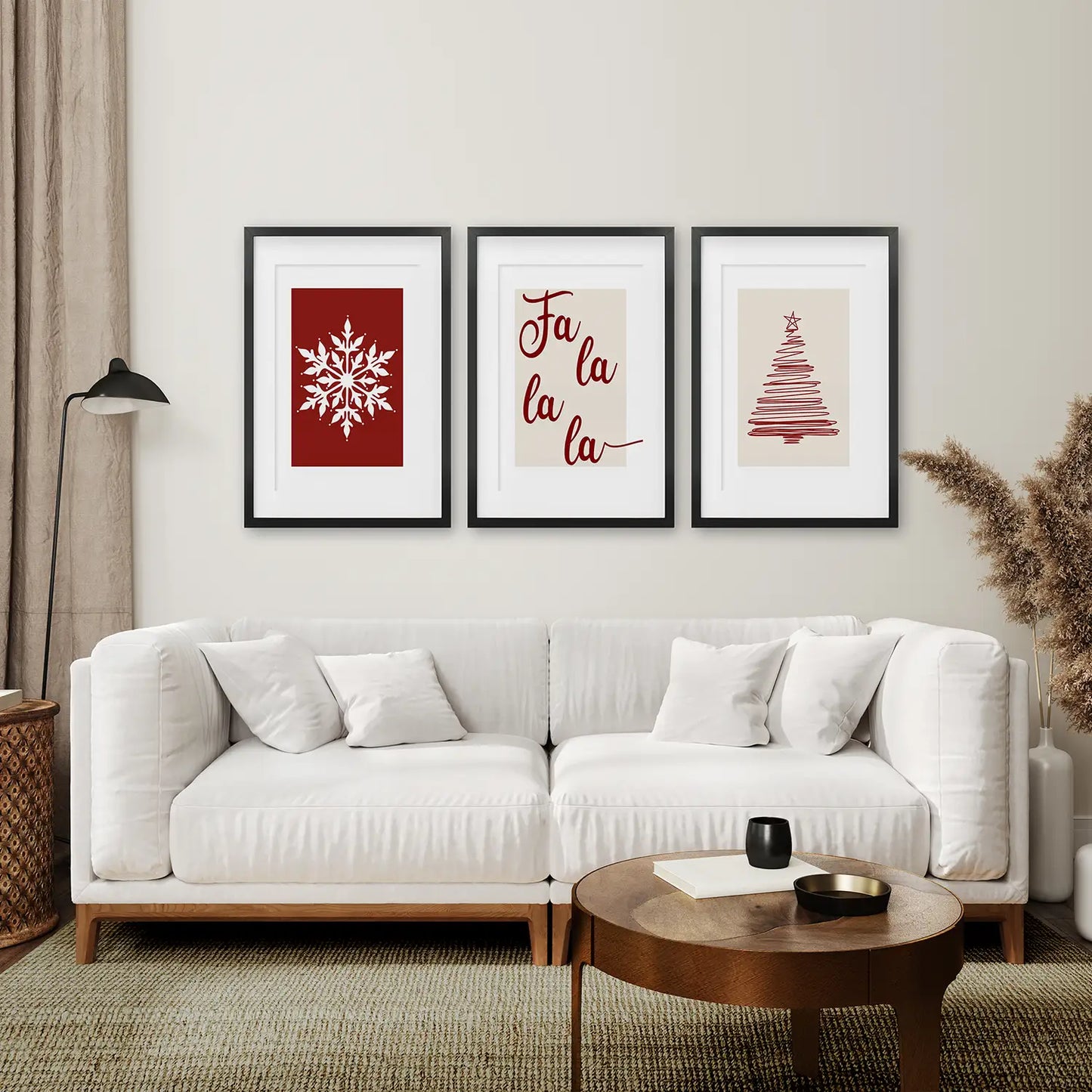Modern Christmas Wall Art Poster Decor. Black Frames with Mat Over the Coach.