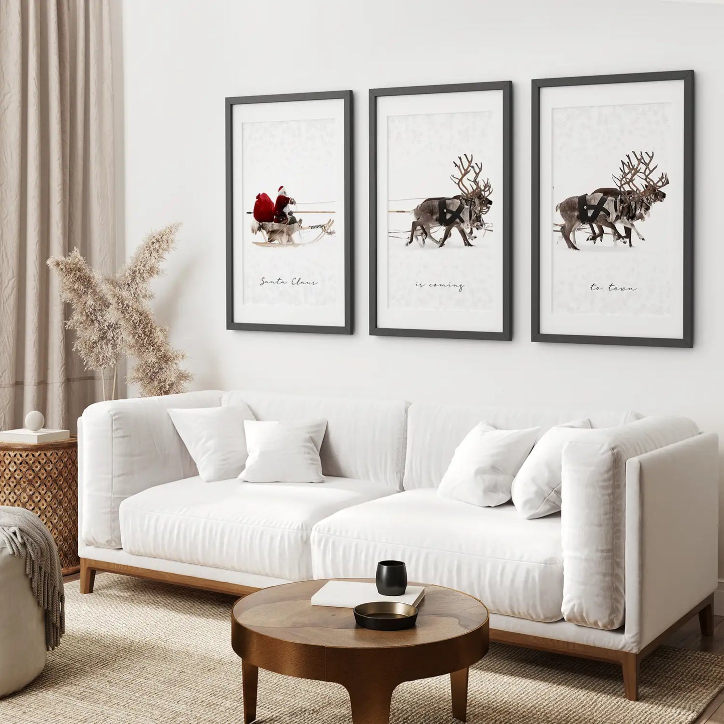 Modern Santa Claus with a Sleigh Poster Set. Black Frames with Mat for Living Room.